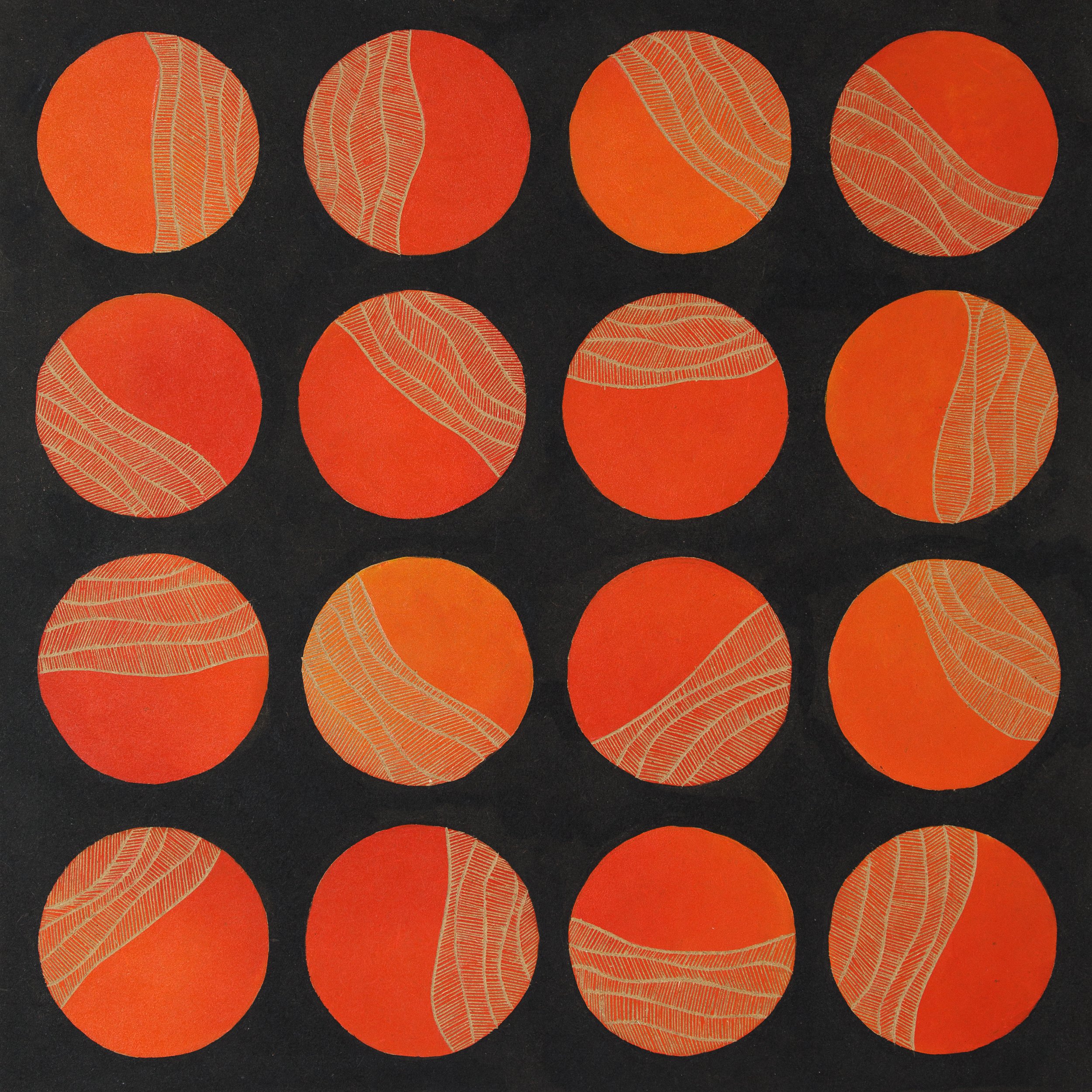 16 little happy sunsets, August 2024.
61.5 x 61.5 cm with frame.
Woodcut on MDF with Sumi Ink and Acrylic Paint.
700 euros