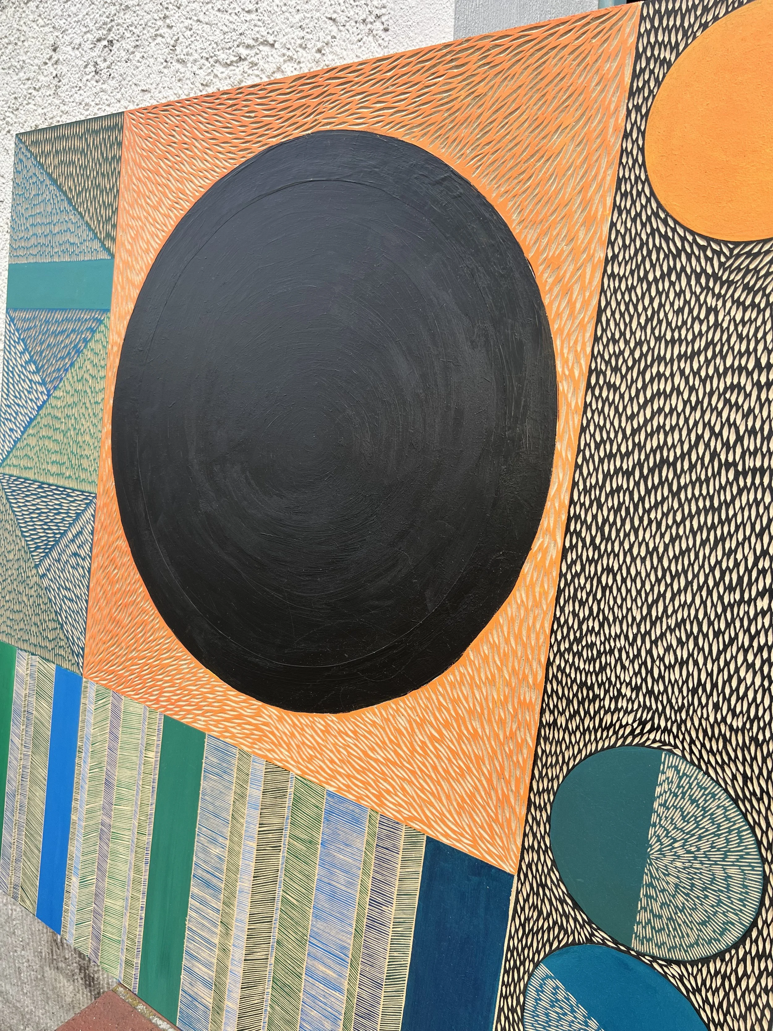 Colorful abstract mural with geometric shapes, including a large black circle, orange and teal patterns, and striped sections in blue, green, and beige.