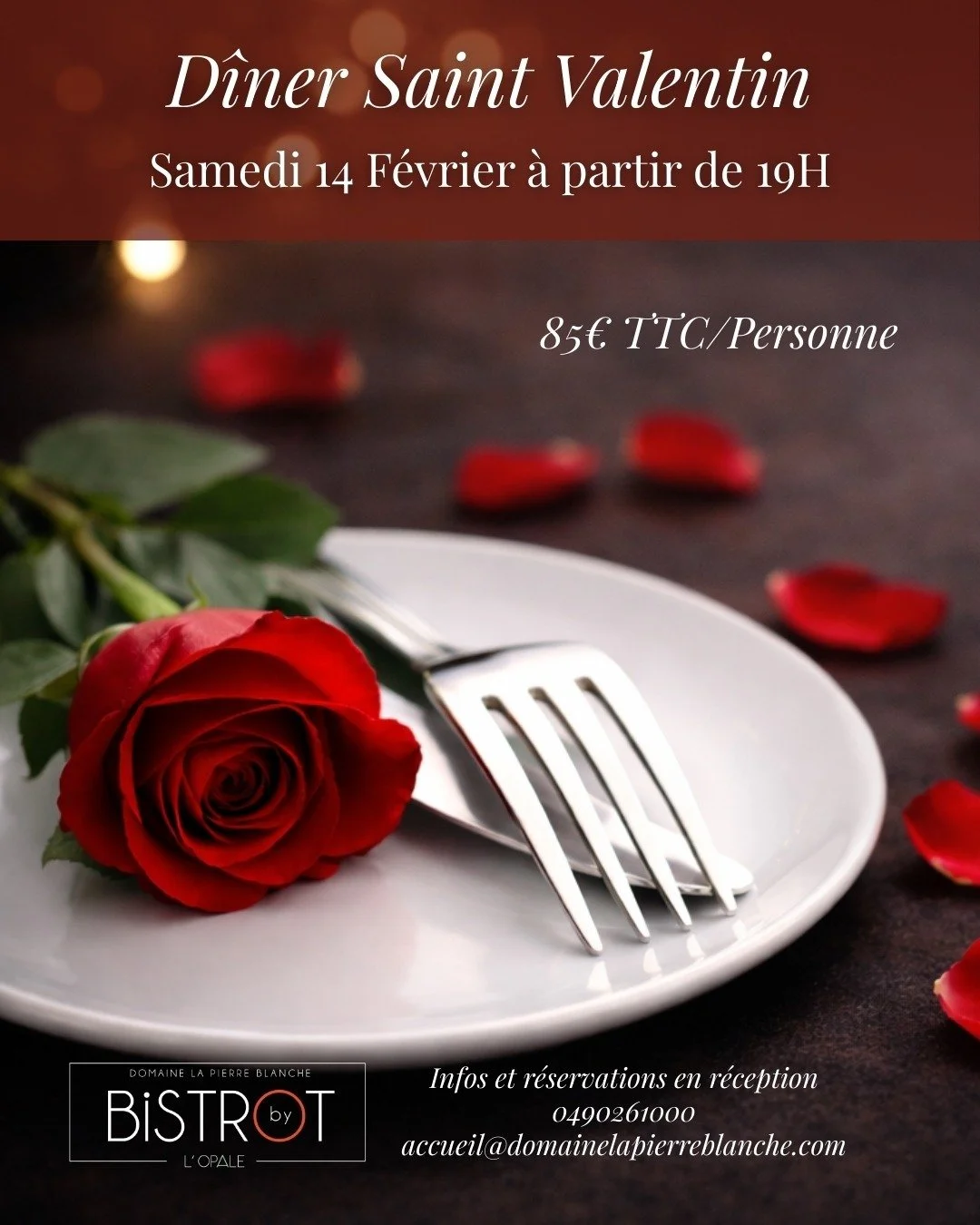 💘 C&eacute;l&eacute;brez la Saint Valentin au Bistrot by L&rsquo;Opale 
Samedi 14 f&eacute;vrier, le Chef et sa brigade vous proposent un menu gastronomique d&eacute;di&eacute; aux amoureux 💝 
💫 85&euro; / personne
Les places sont limit&eacute;es,