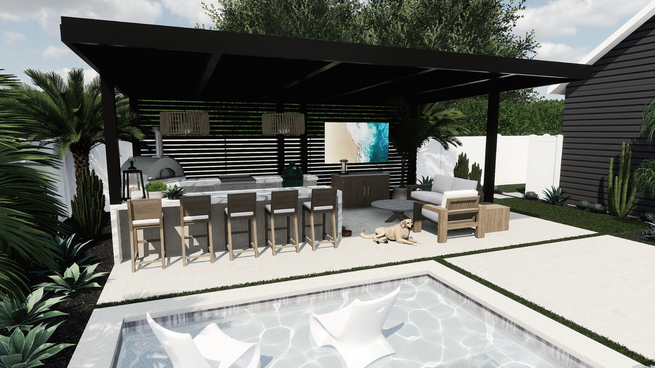 A modern backyard patio with an outdoor kitchen including a pizza oven, bar seating, a flat-screen TV, a seating area with a couch and armchair, and a swimming pool with white lounge chairs nearby. Decorative plants and trees surround the space.