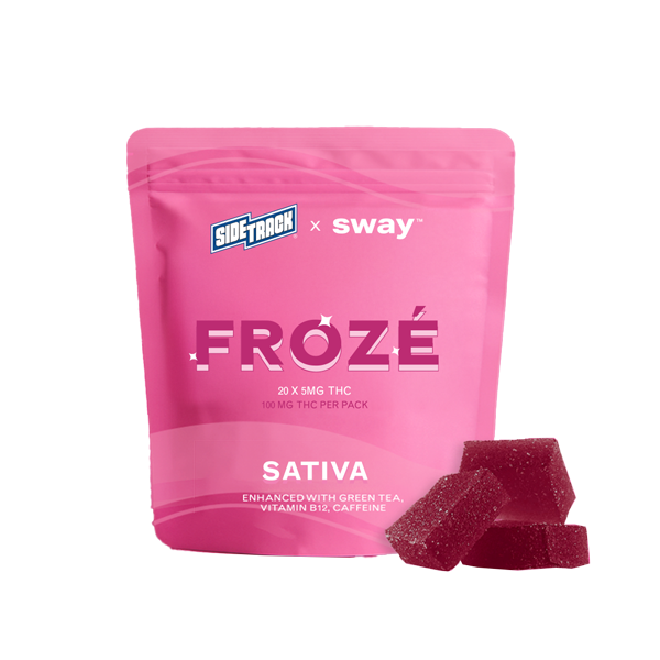 Pack of Sativa THC gummies named 'Froze' in pink packaging with green tea and caffeine, with three gummies in front.