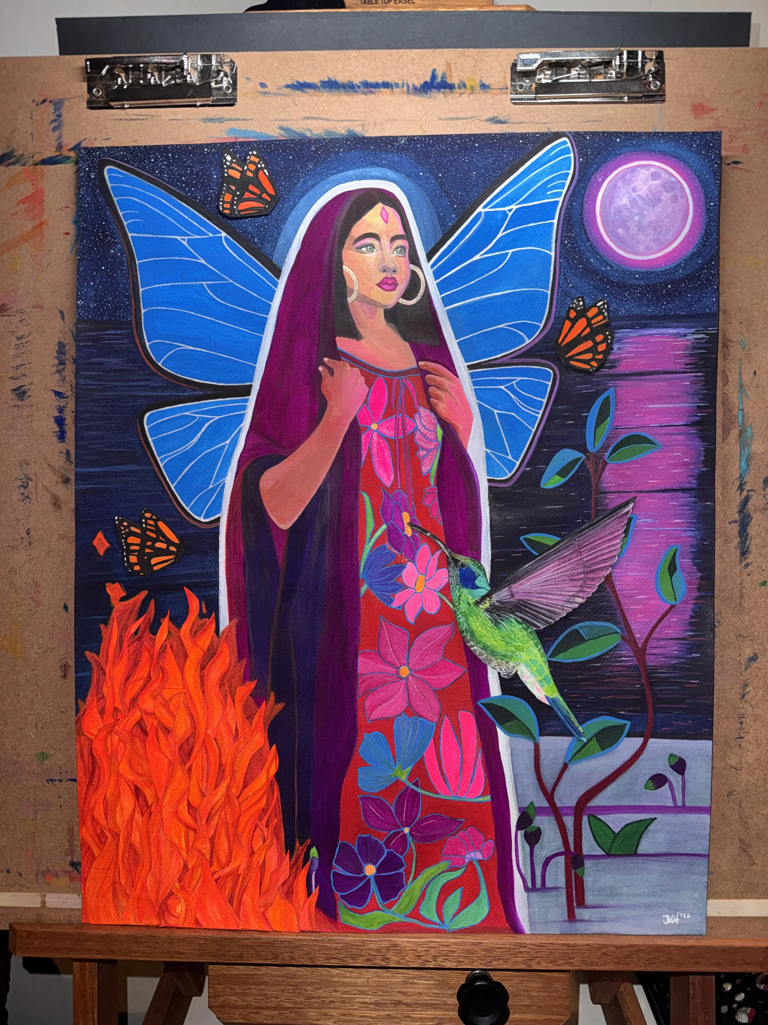 "Divine Feminine," 24 x 18, watercolor, gel pen and original watercolor collage on paper, 2026