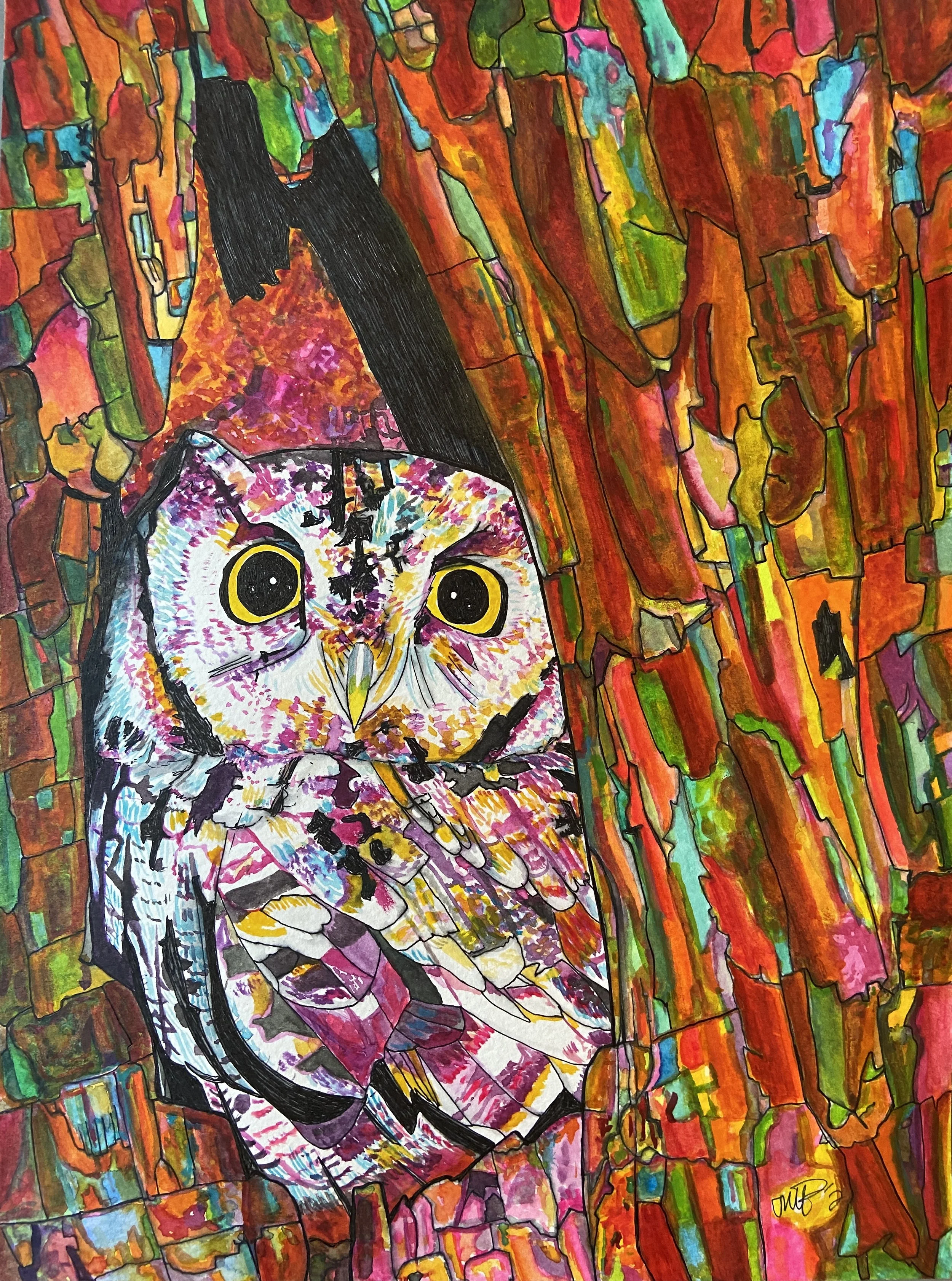 “Cutie Owl”, 12 x 9, watercolor and pen on paper, SOLD