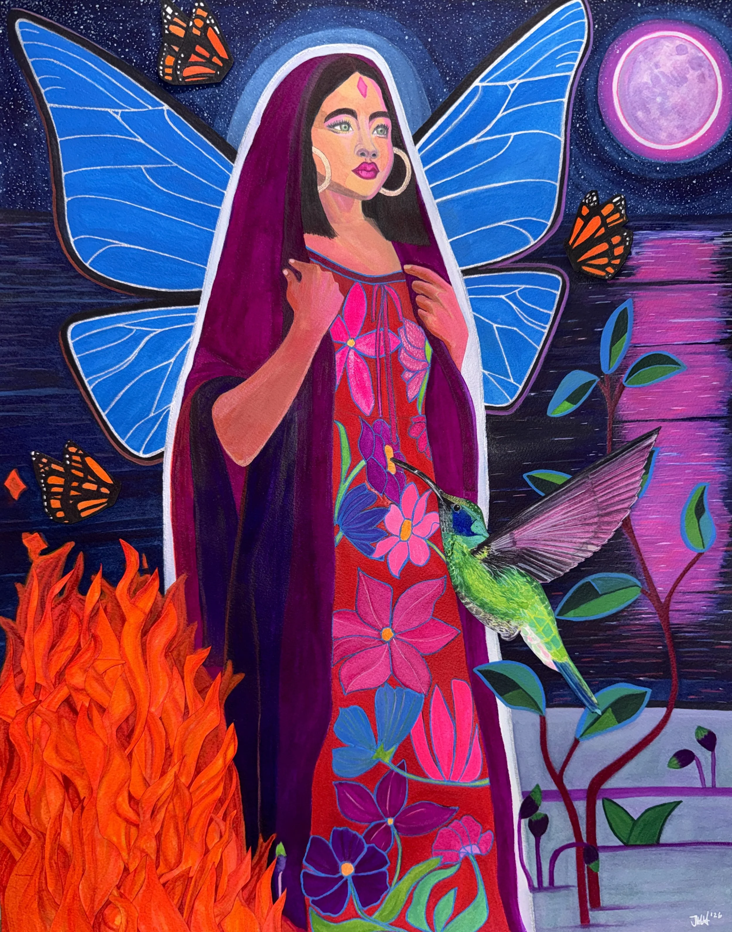"Divine Feminine," 24 x 18, watercolor, gel pen and original watercolor collage on paper, 2026