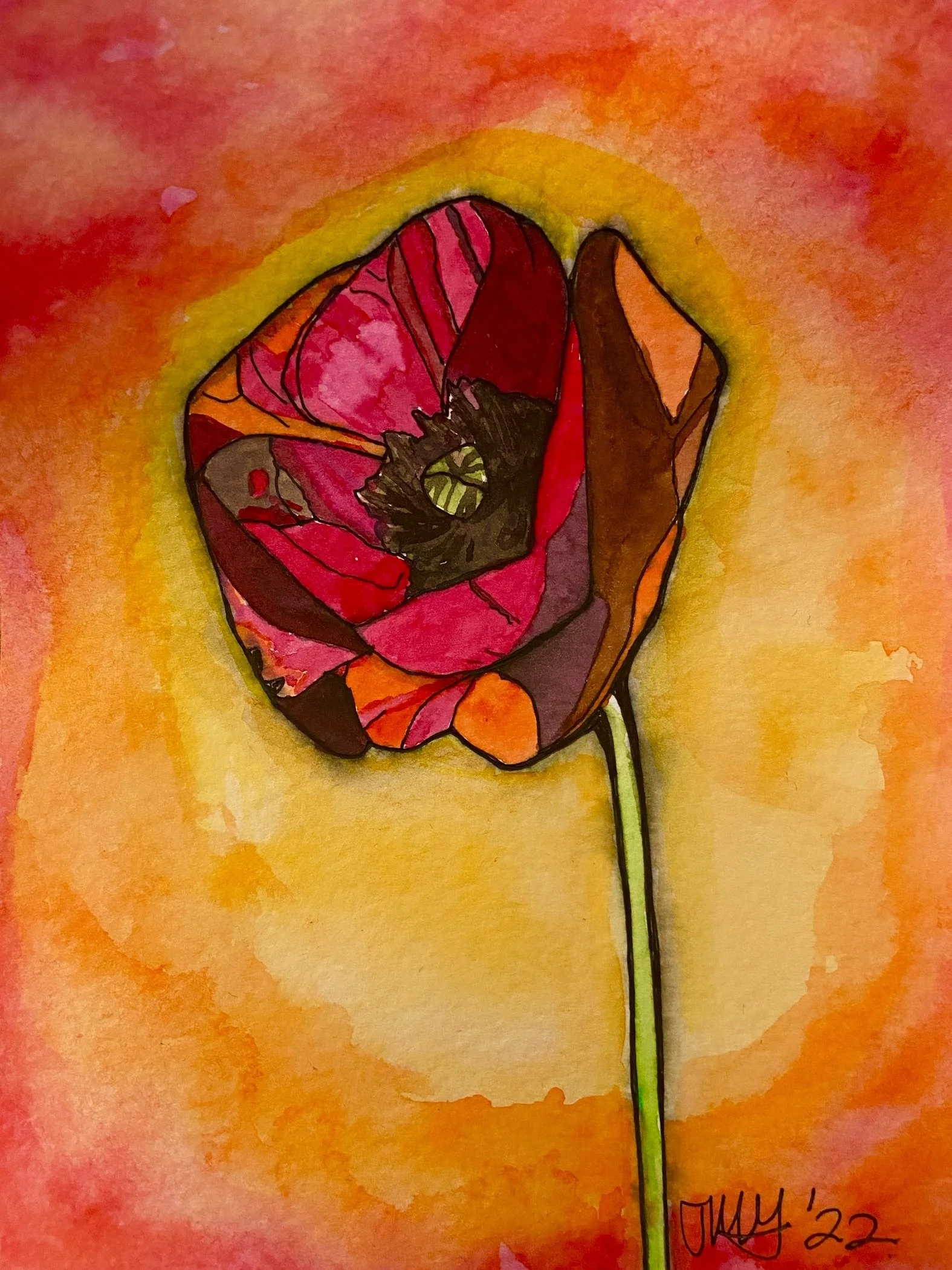 “La Flor #1“, 4.5 x 6, watercolor and pen on paper, SOLD