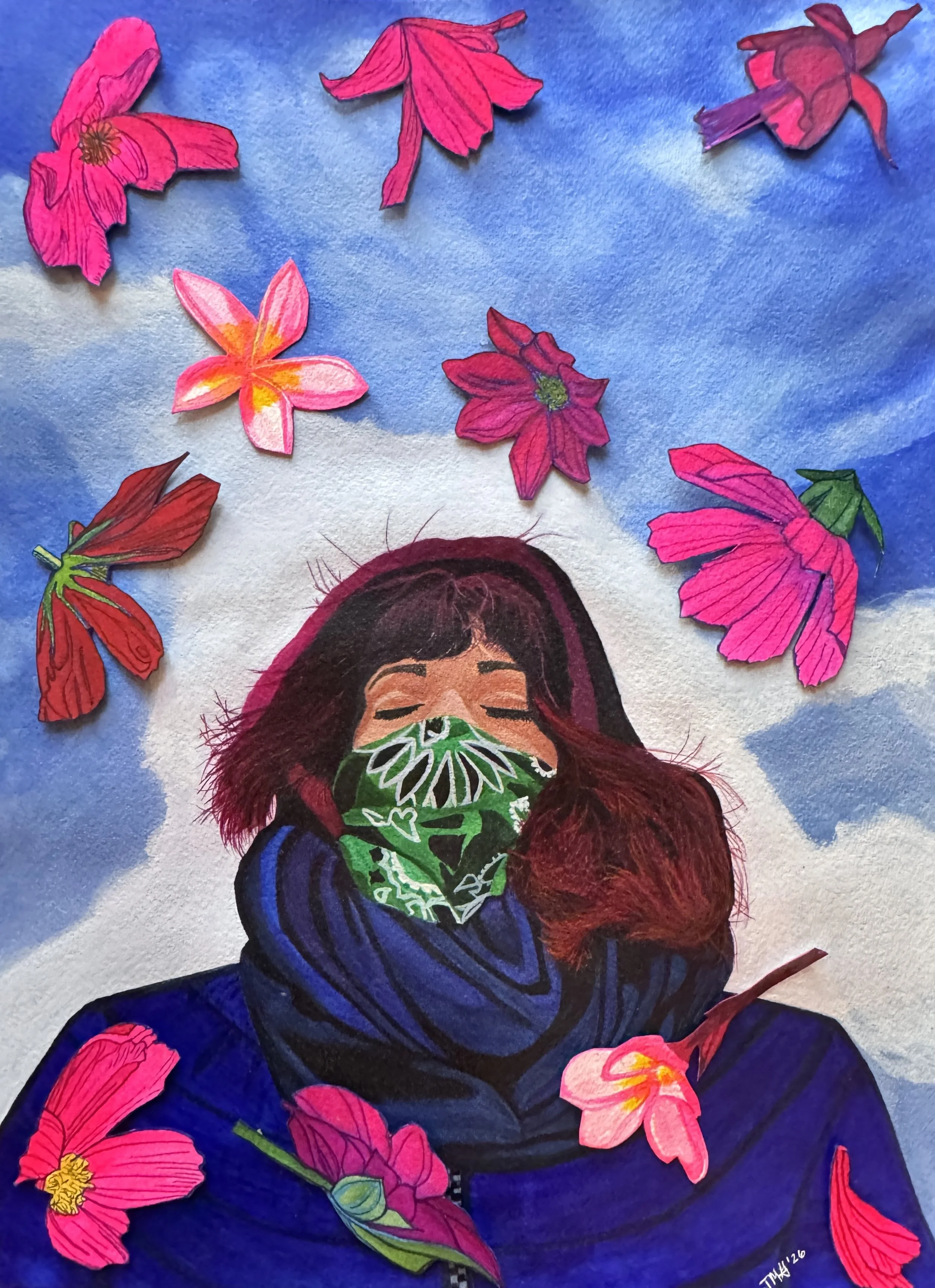 "Stillness", 14 x 10, watercolor and original flower collage on paper