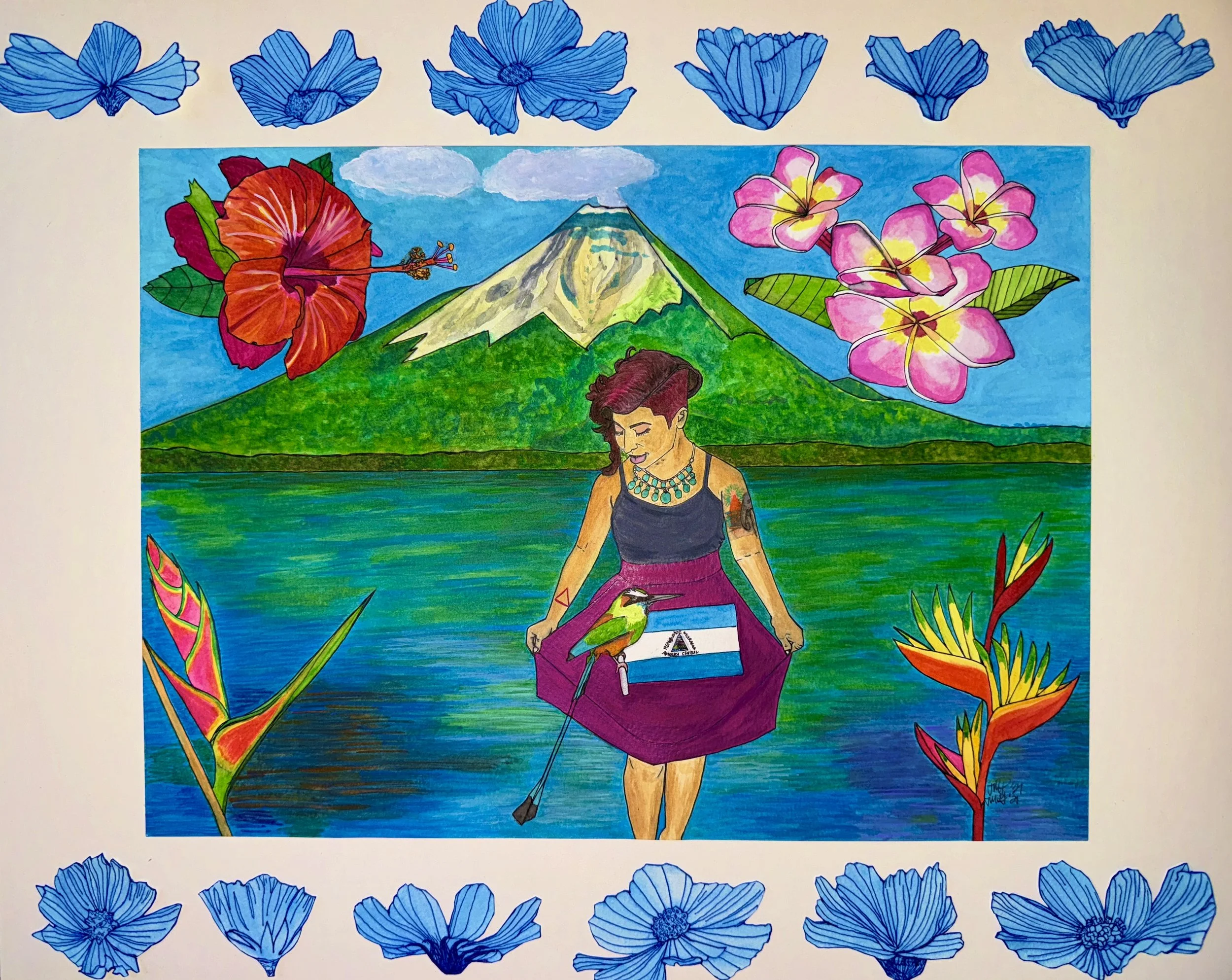 "Nicaragua", 11 x 15, watercolor on paper with original watercolor and pen collage flowers