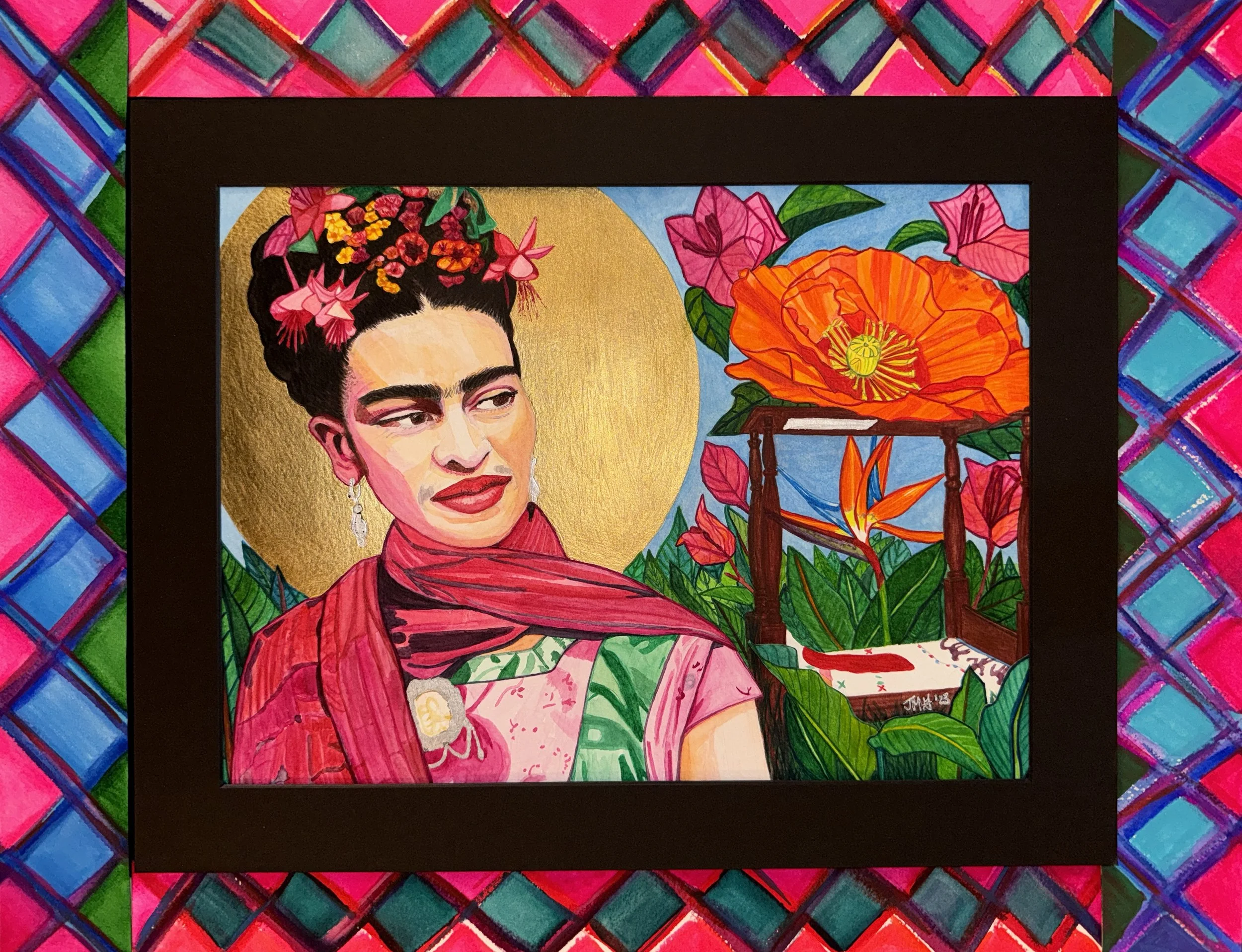 "Frida Kahlo", 14 x 18, watercolor on paper with original watercolor border