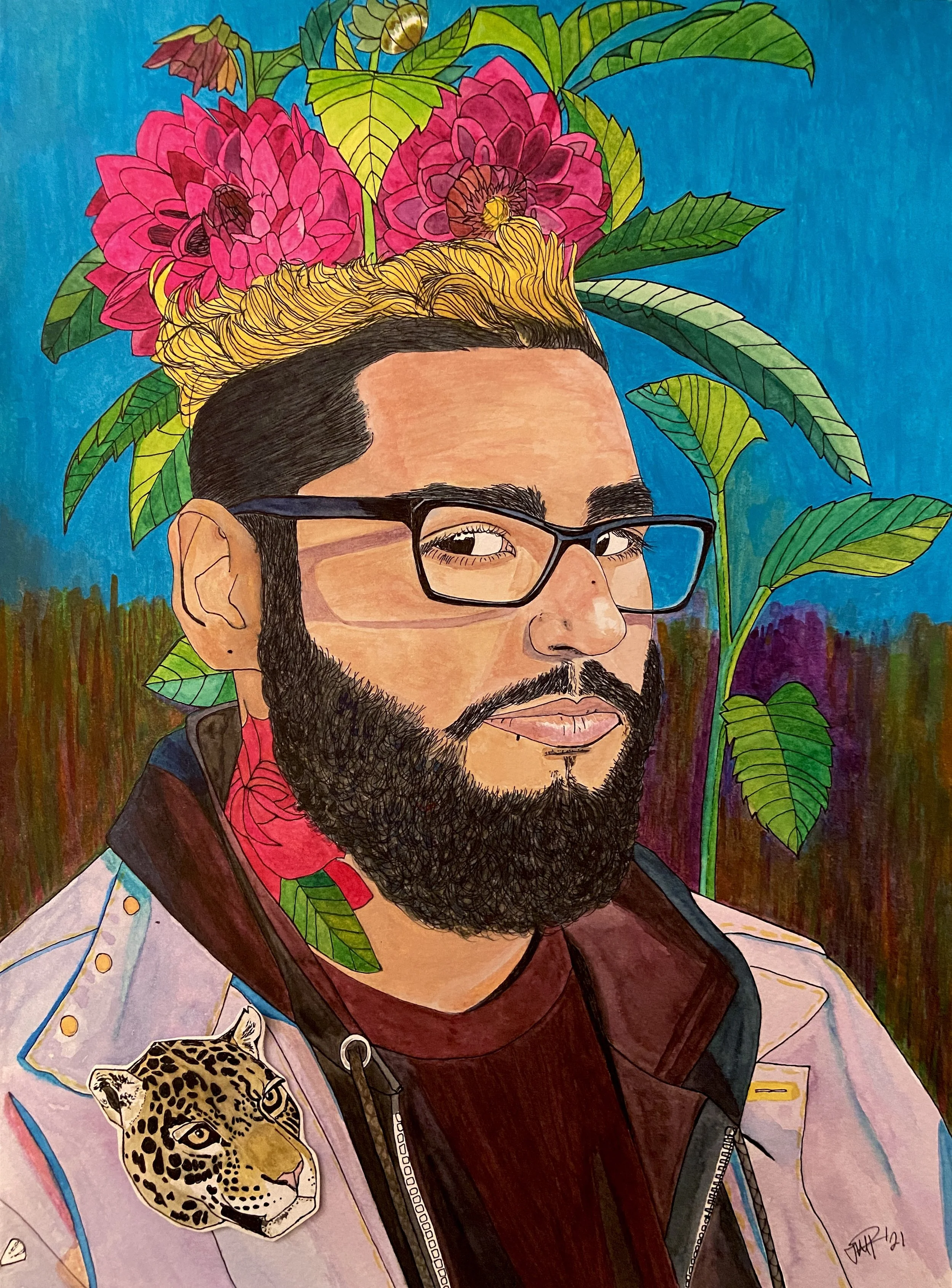 "Carlos", 15 x 10, watercolor on paper with original collage jaguar, NFS