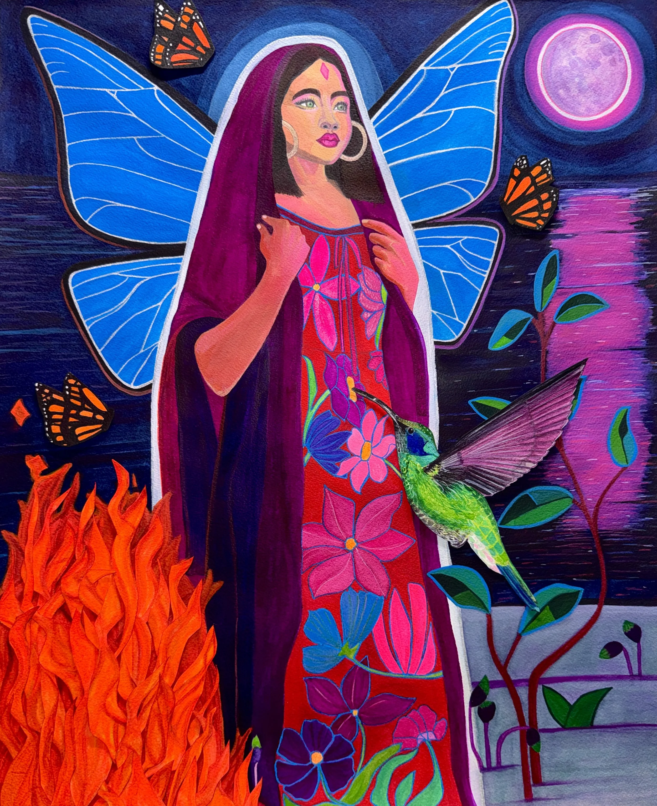 "Divine Feminine," 24 x 18, watercolor, gel pen and original watercolor collage on paper, 2026