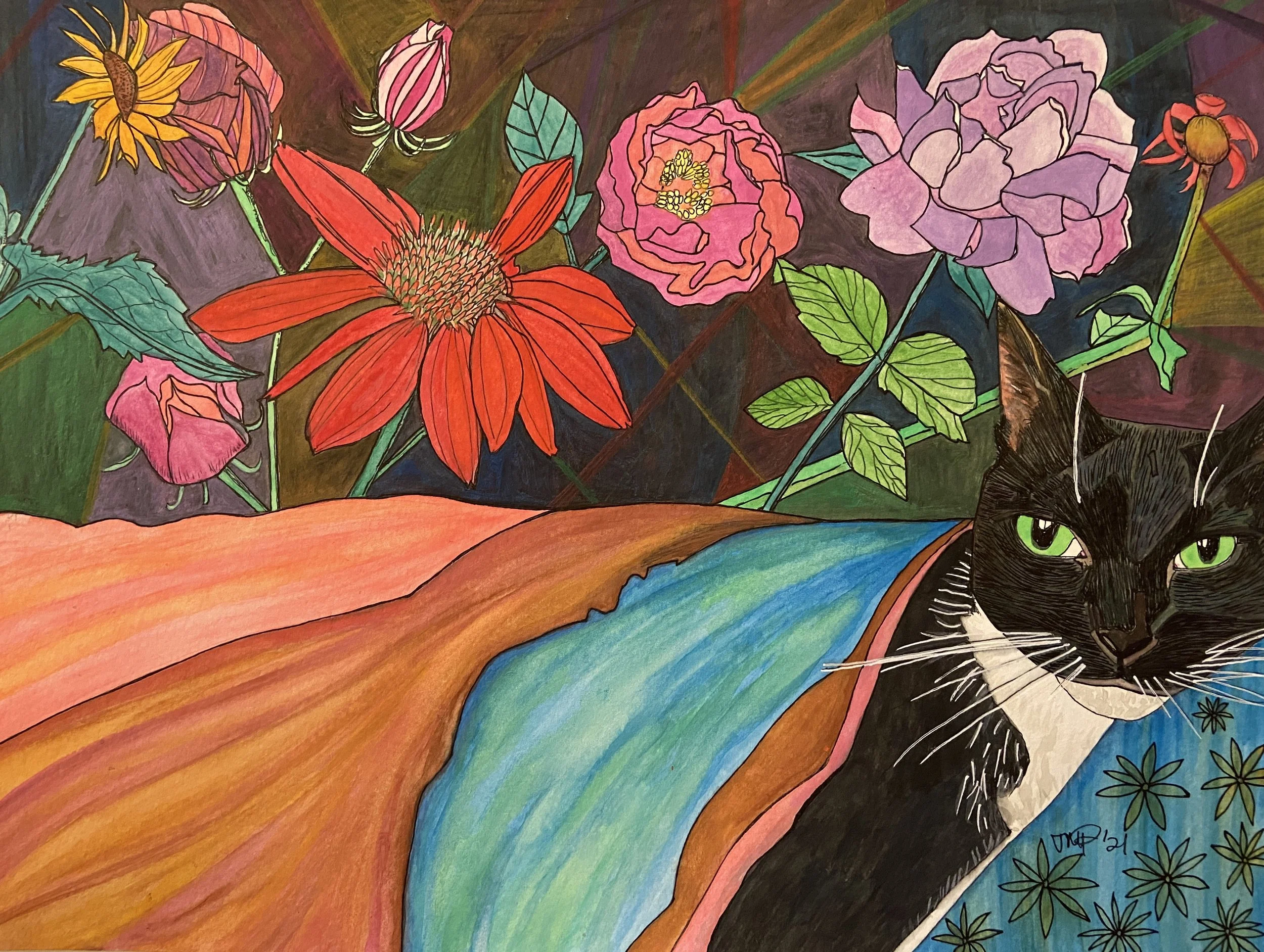 “Gato Life”, 9 x 12, watercolor and pen on paper, SOLD