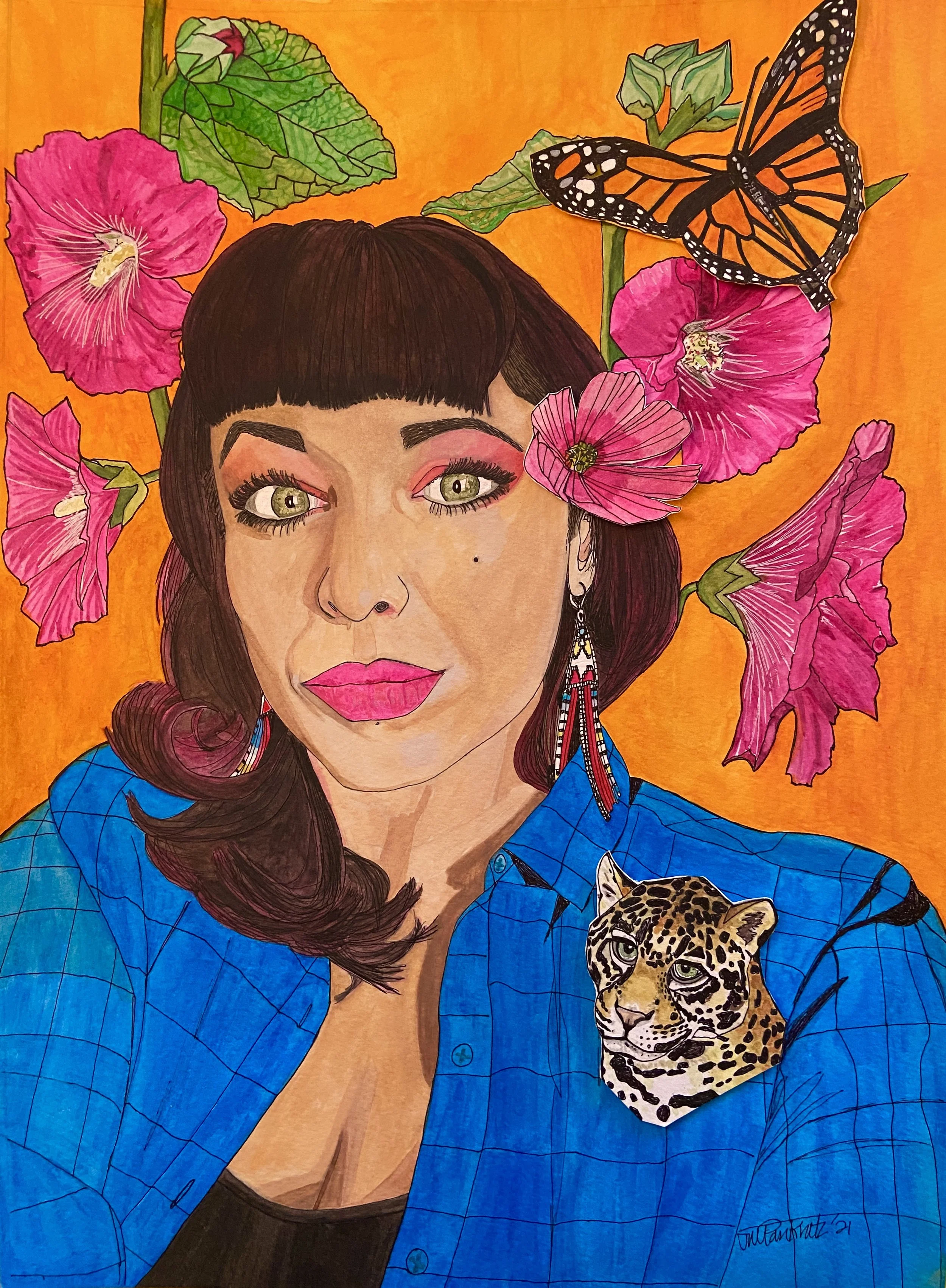 "Jessica", 15 x 10, watercolor on paper with original collage jaguar, butterfly and flower, NFS