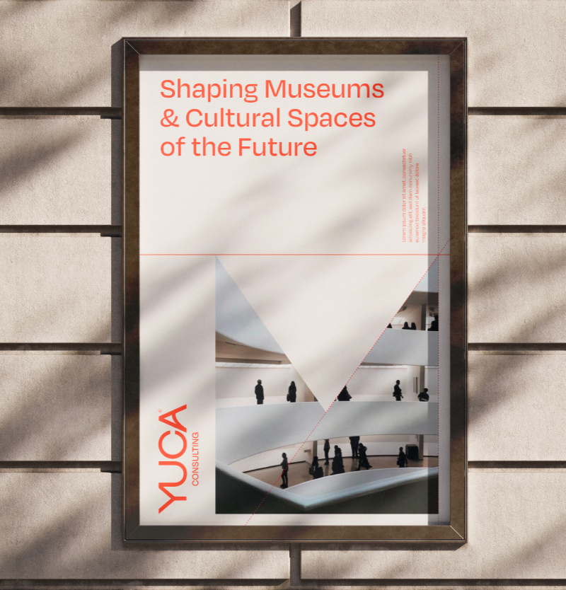 Poster titled "Shaping Museums & Cultural Spaces of the Future" with an abstract image of a modern museum interior and the YUCA Consulting logo.