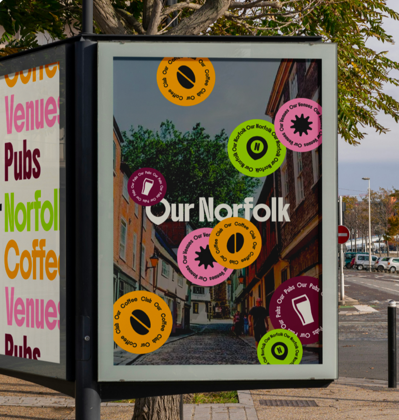 A weathered town street scene with brick buildings and pedestrians, overlaid with colorful stickers for Our Norfolk, featuring text and symbols, on a glass display case.