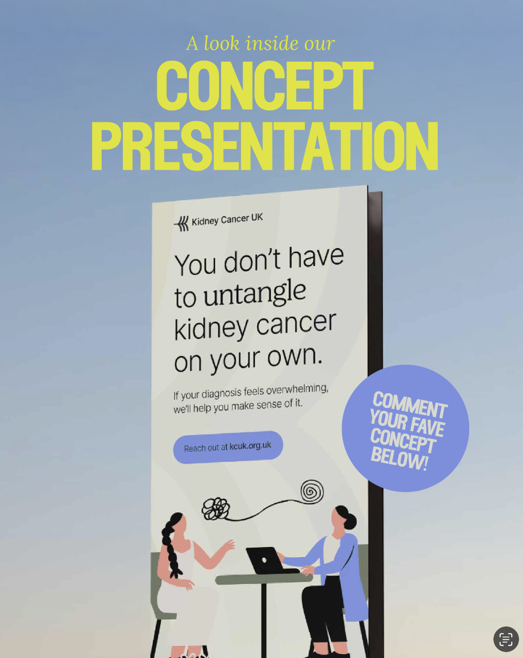 Flyer for Kidney Cancer UK showing a woman talking to a healthcare professional in an office setting, with text promoting understanding of kidney cancer diagnosis.