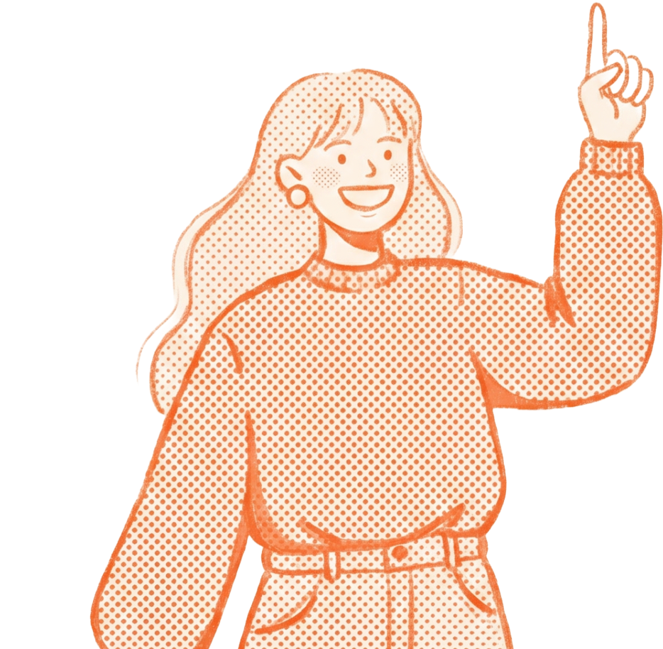 A smiling woman with long hair, wearing a sweater and belt, raising her finger as if making a point.