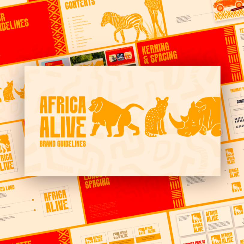 A brochure titled 'Africa Alive Brand Guidelines' with illustrations of an lion, leopard, and elephant in orange. The background features tribal patterns and multiple pages related to branding, logos, and spacing.