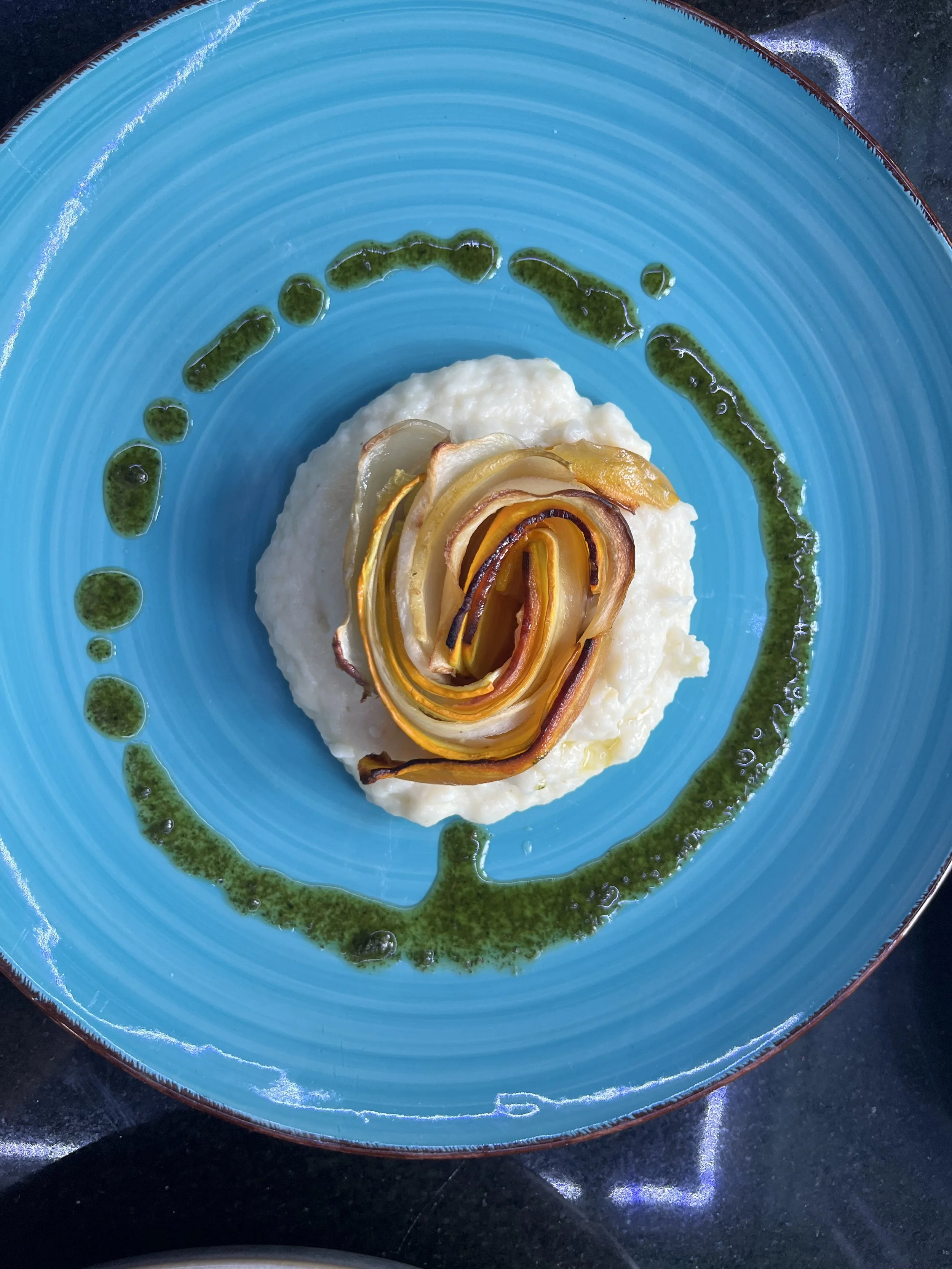 Garden Vegetable swirl on Parsnip Puree