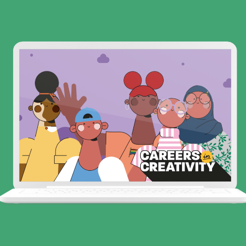 A laptop with a screenshot of cartoon people with the words 'careers in creativity'.