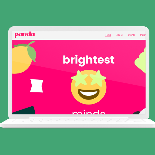 An image of the Panda recruitment homepage showing emojis on a bright pink background and the words 'brightest minds'
