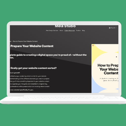 A screenshot of the mela website showing a guide called 'how to prepare your website content'