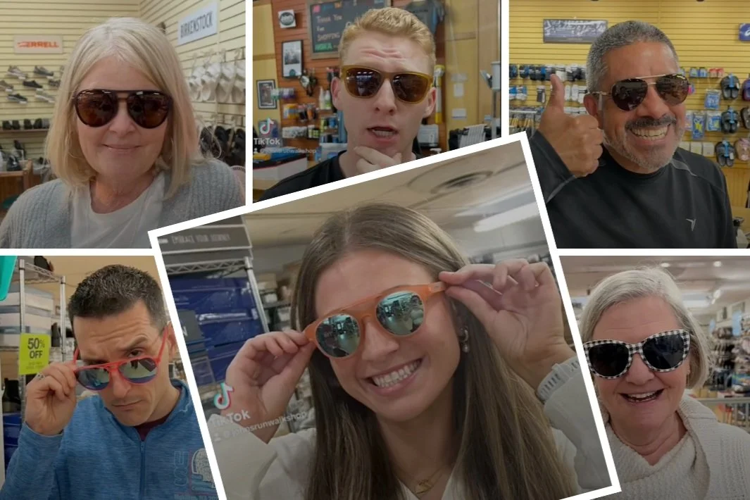College of John's Run/Walk Shop employees wearing Goodr sunglasses
