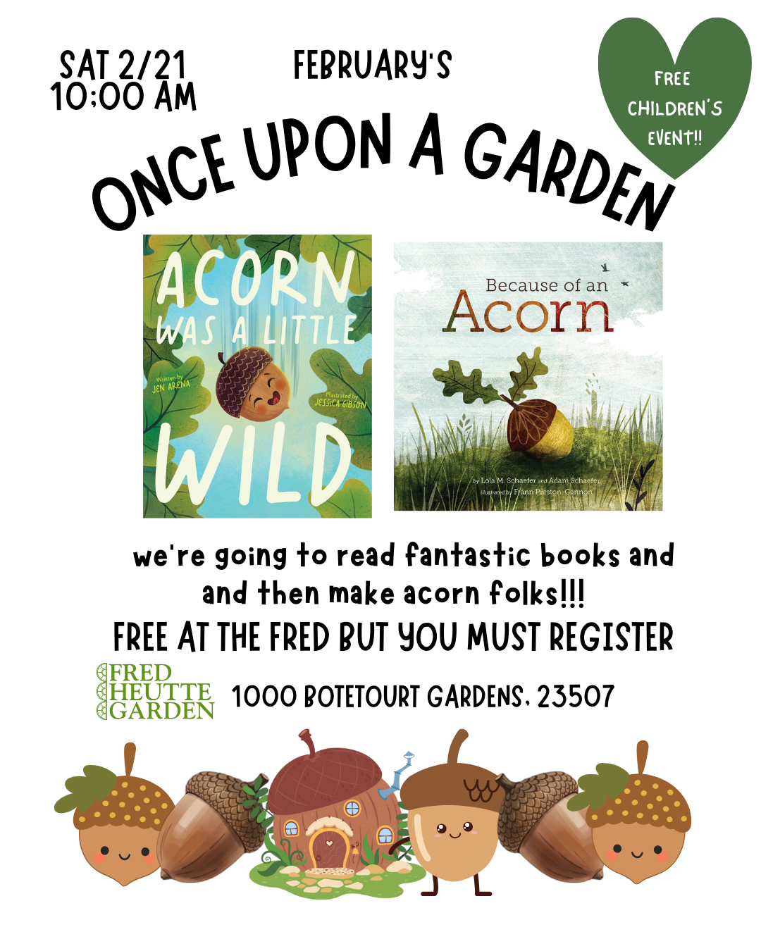 Once Upon A Garden – February
Join us for a cozy, creative morning at Once Upon A Garden as we dive into the wonderful world of acorns. We’ll begin by reading a selection of charming children’s books all about acorns, trees, and the magic of small be