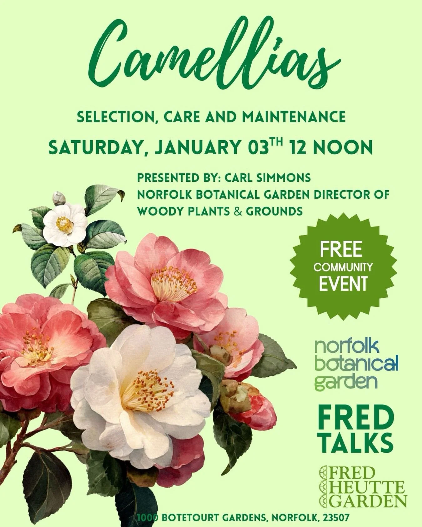 Register on our website for your seat to attend this FREE Community Education Event and up your gardening skills and knowledge. Carl Simmons, Norfolk Botanical Garden Director of Woody Plants and Grounds is going to speak about the selection, care an