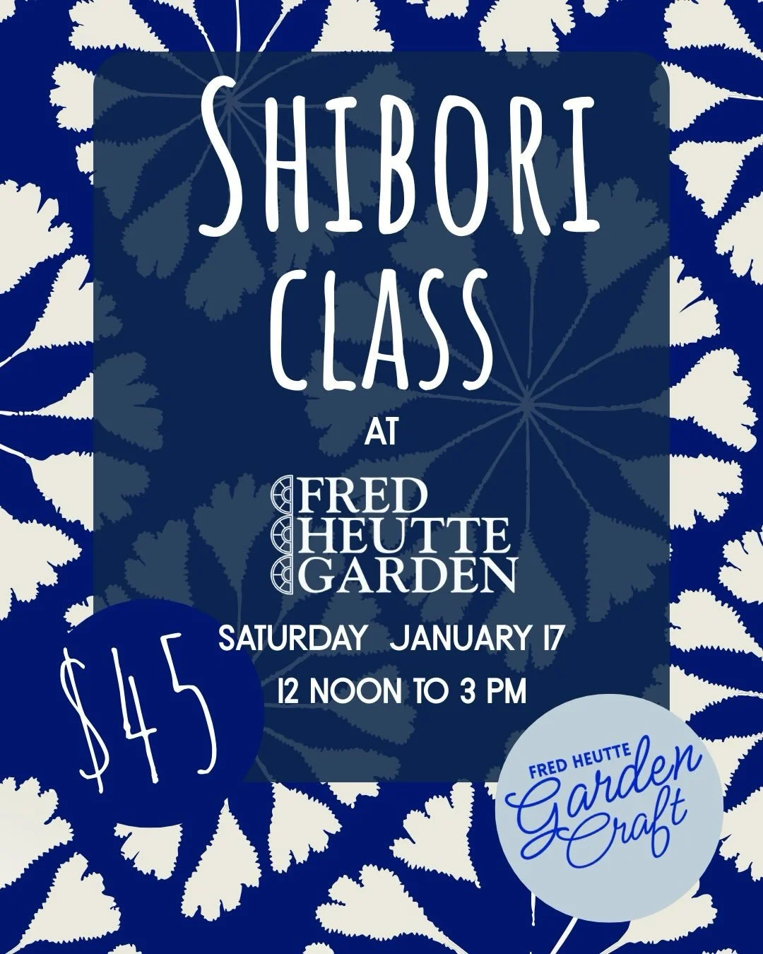 We&rsquo;ve got two spaces left for Saturday&rsquo;s Shibori class. Come learn this Japanese Dye process using Indigo and leave with three creations! #fredgardencraft #norfolkevents #fredheuttegarden #shibori #norfolkcrafts