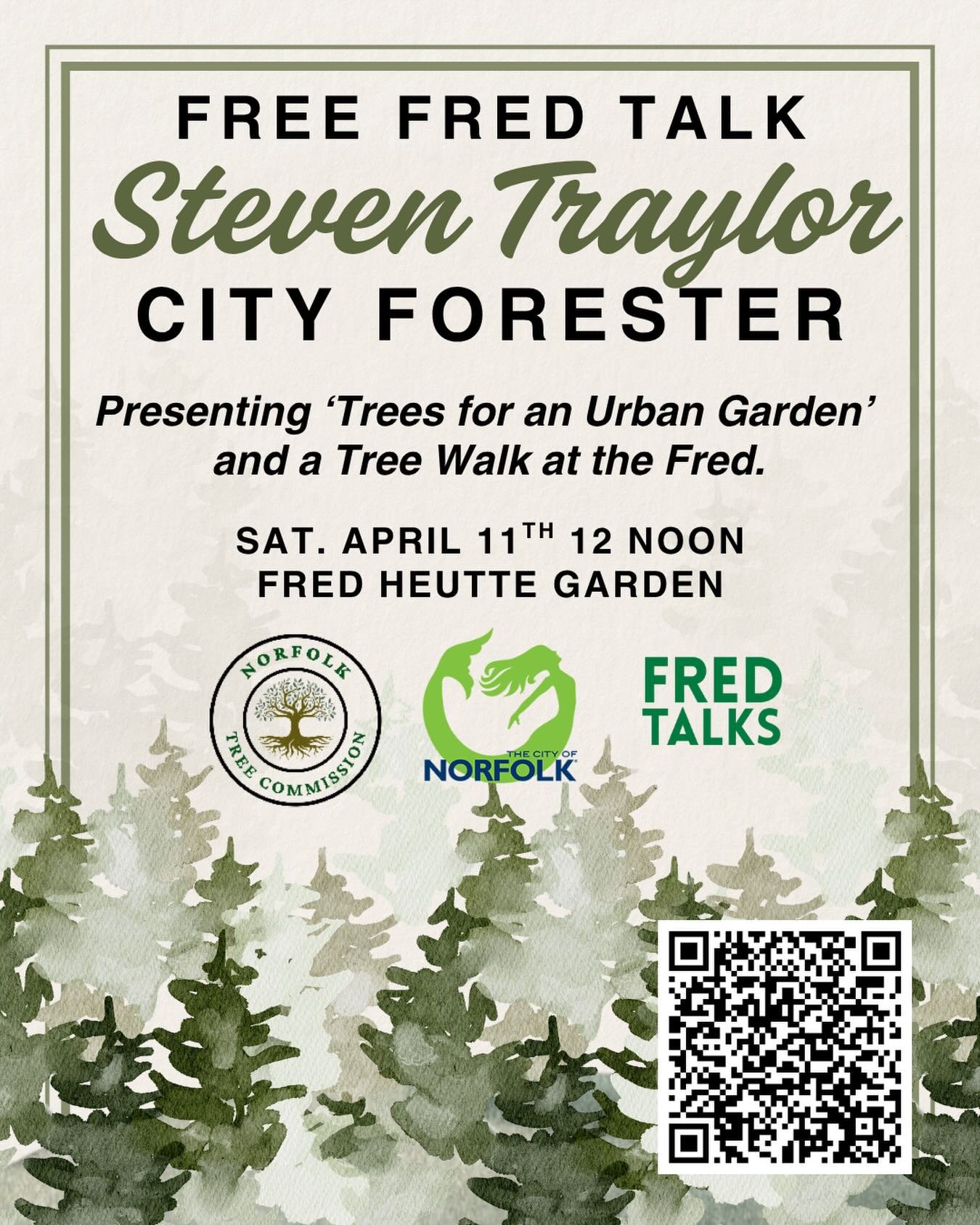 FREE Fred Talk Saturday April 11th at 12 noon with Fred&rsquo;s Friend Steven Traylor, City Forester, @cityofnorfolkva . Steven&rsquo;s going to present on Urban Trees and then take us on an informative tree walk through Fred&rsquo;s arboretum. We&rs