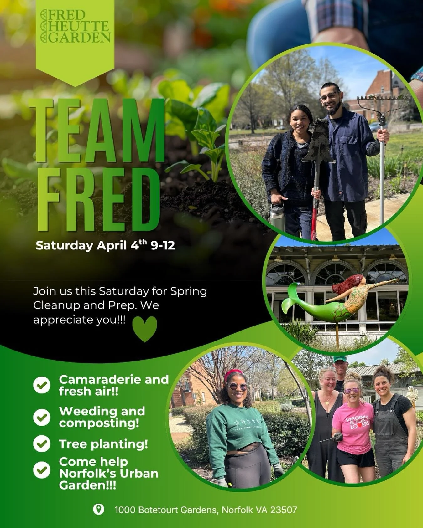 Saturday @fredheuttegarden join us for community, camaraderie and fresh spring air!! Norfolk&rsquo;s public urban garden needs you. Wear closed toe shoes and clothes you don&rsquo;t mind getting dirty and we&rsquo;ll provide the rest. All garden work