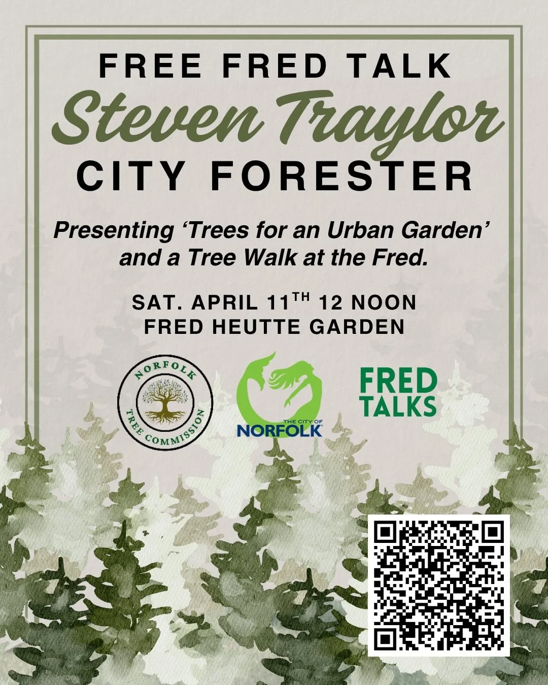 Join us Saturday at noon (April 11) for a Free Fred talk with Norfolk Forester Steven Traylor. An informative presentation on urban trees and then a Tree Walk in Fred&rsquo;s Arboretum. Noon-1:30. Fred Talks are always free but please register. #fred