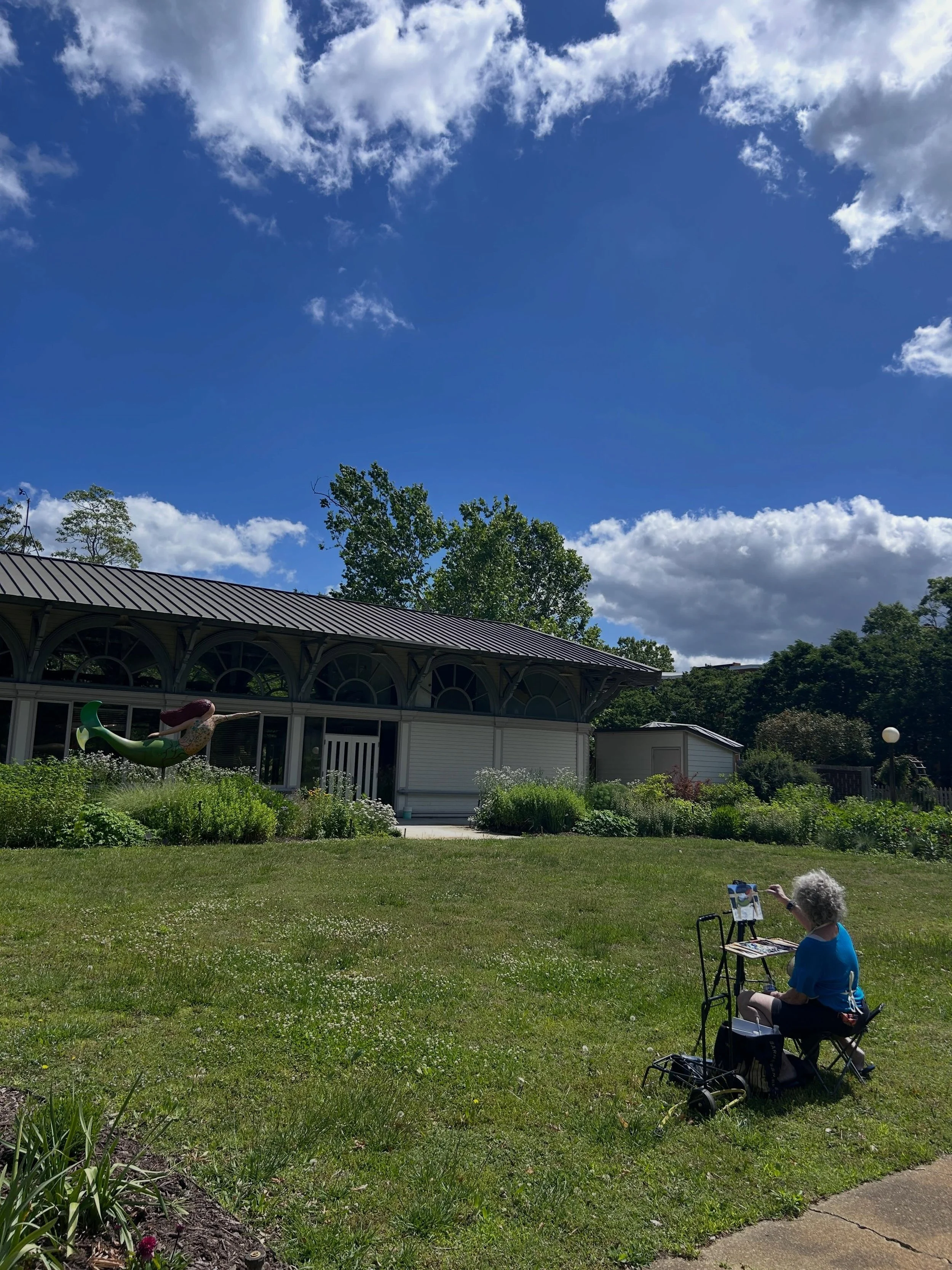 Plein Air painting at the Fred, the beginning of our low growth arboretum meadow, lots of ladybugs at the Fred, so feeling especially lucky, our new Norfolk Roots sign, as we continue the installation of this garden, planting hyacinth bean vines in t
