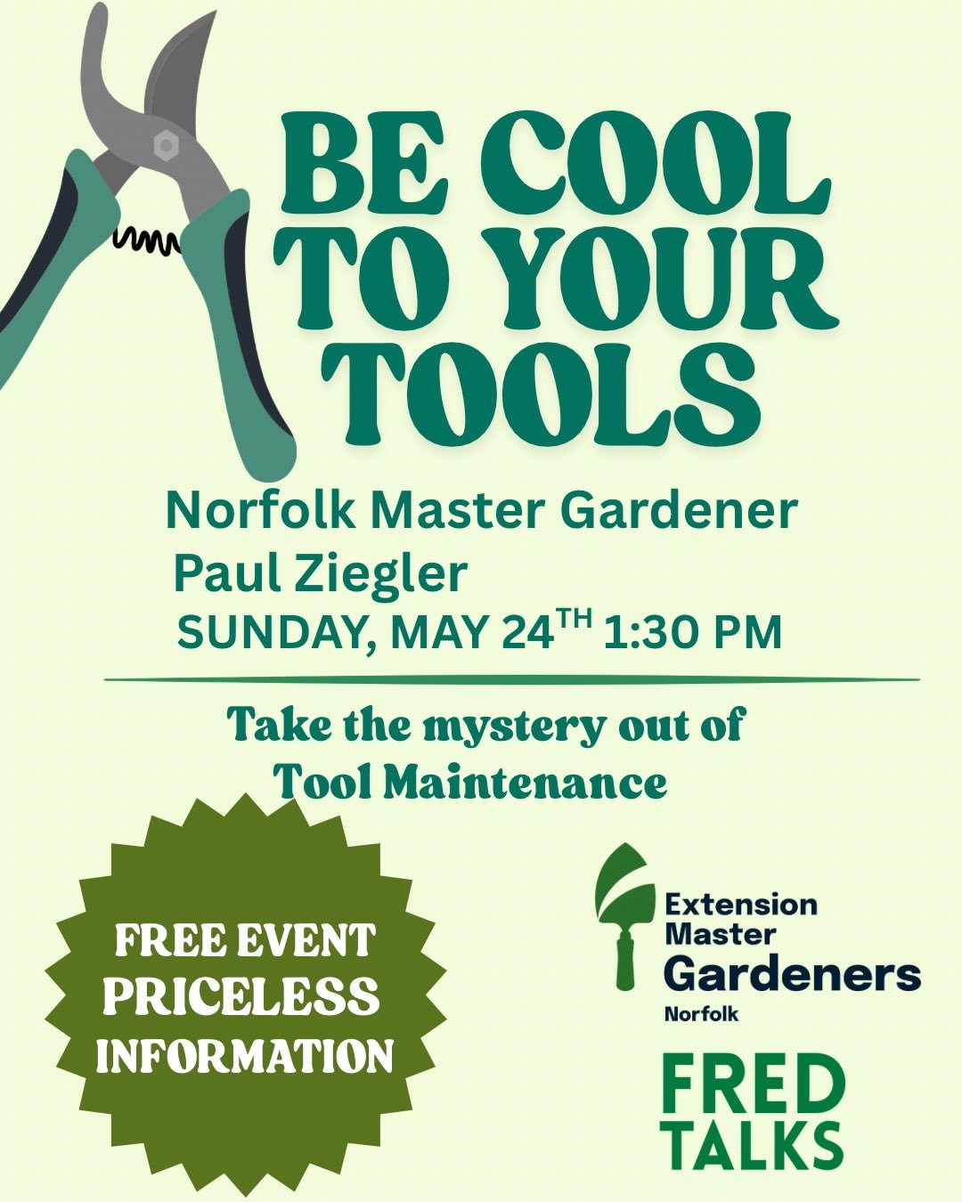 Join us this Sunday for a free workshop on tool care and maintenance. Many of us have dull, rusty tools we&rsquo;d like to refurbish. Master Gardener Paul Ziegler will show you how to put your tools in order. Register online for a spot! #fredtalks #f