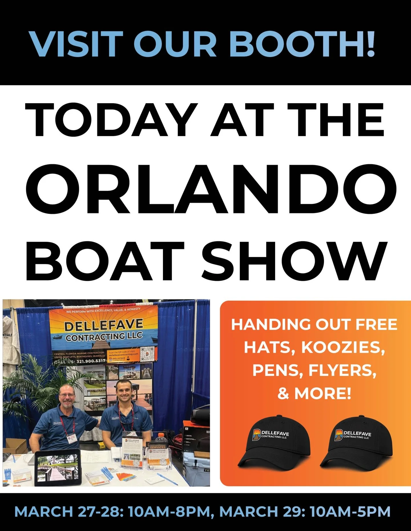 We&rsquo;re wrapping up the Orlando Boat Show today and we&rsquo;re here ALL day! 🙌

Still plenty of time to stop by&mdash;
🧢 Dellefave hats + free giveaways
📋 Booking consultations for upcoming dock &amp; seawall projects
🔨 On-the-spot interview