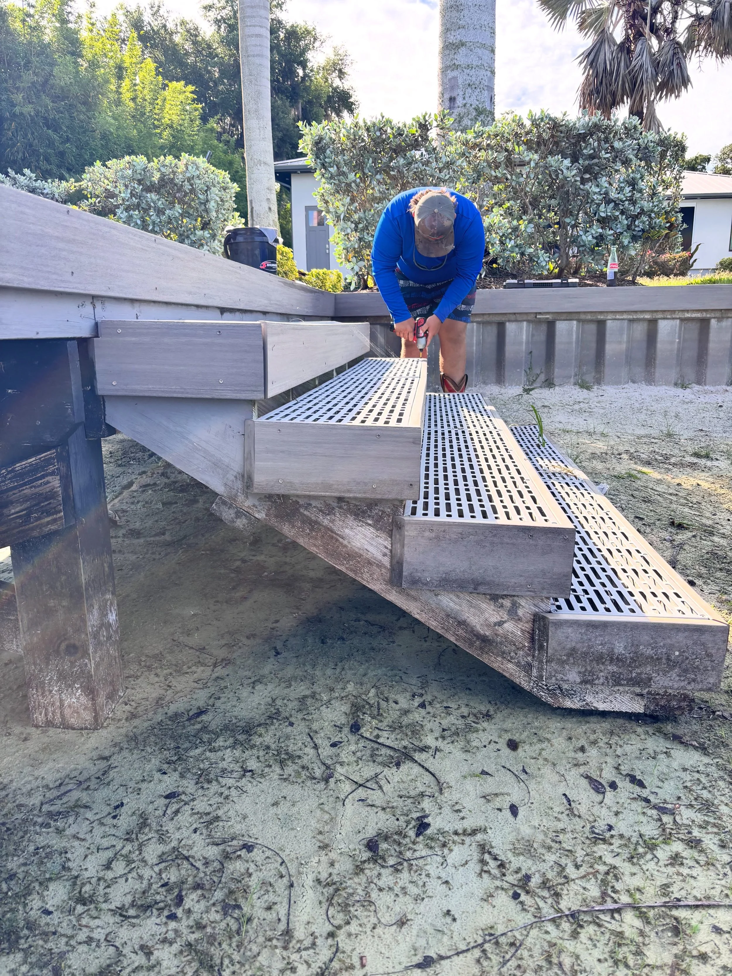 A little seawall patching, a few rotten stair stringers replaced with composite 2x12s built to last for years to come ⚒️

While we handled the aluminum seawall repairs and upgraded the staircase framing, Bruce took charge of cleanup duty with a rag. 
