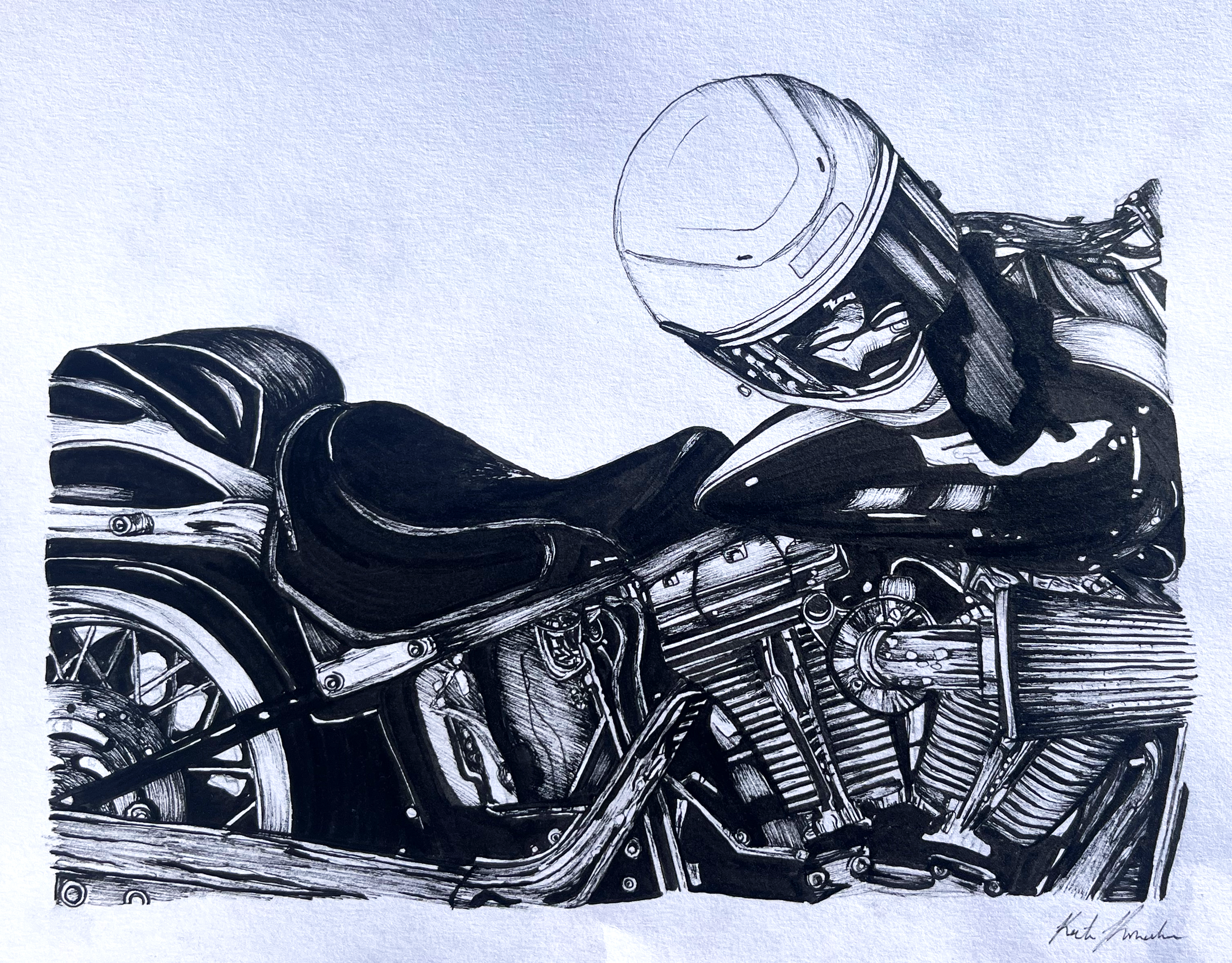 Black and white drawing of a motorcycle with detailed line work. Kate Knudsen one of a kind custom artwork of a Harley bike. Motorcycle ink drawing. 