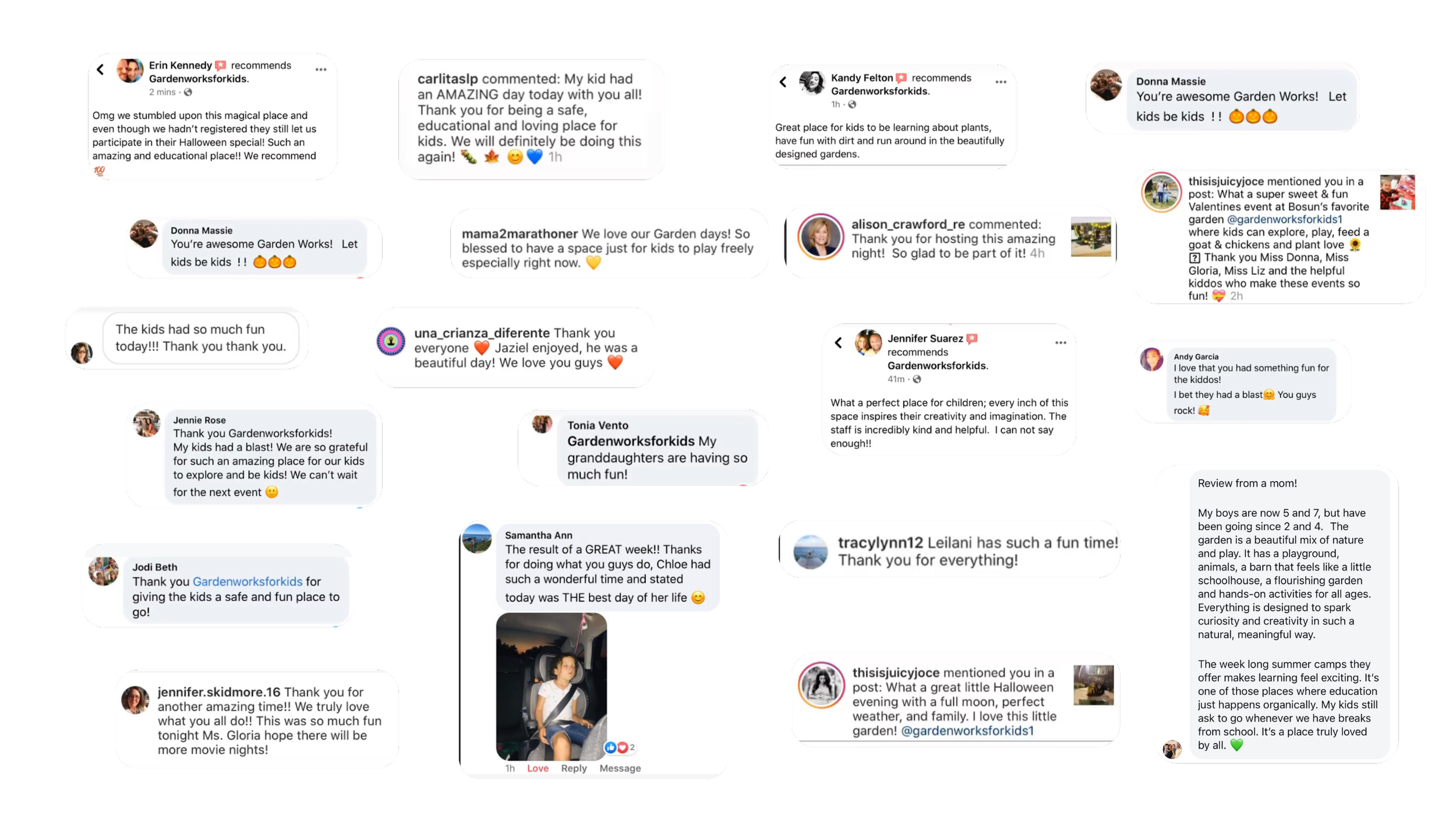 A collage of social media comments and reviews praising Gardenworksforkids, a children's educational garden. Comments mention fun activities, learning about plants, and gratitude for the organized events.