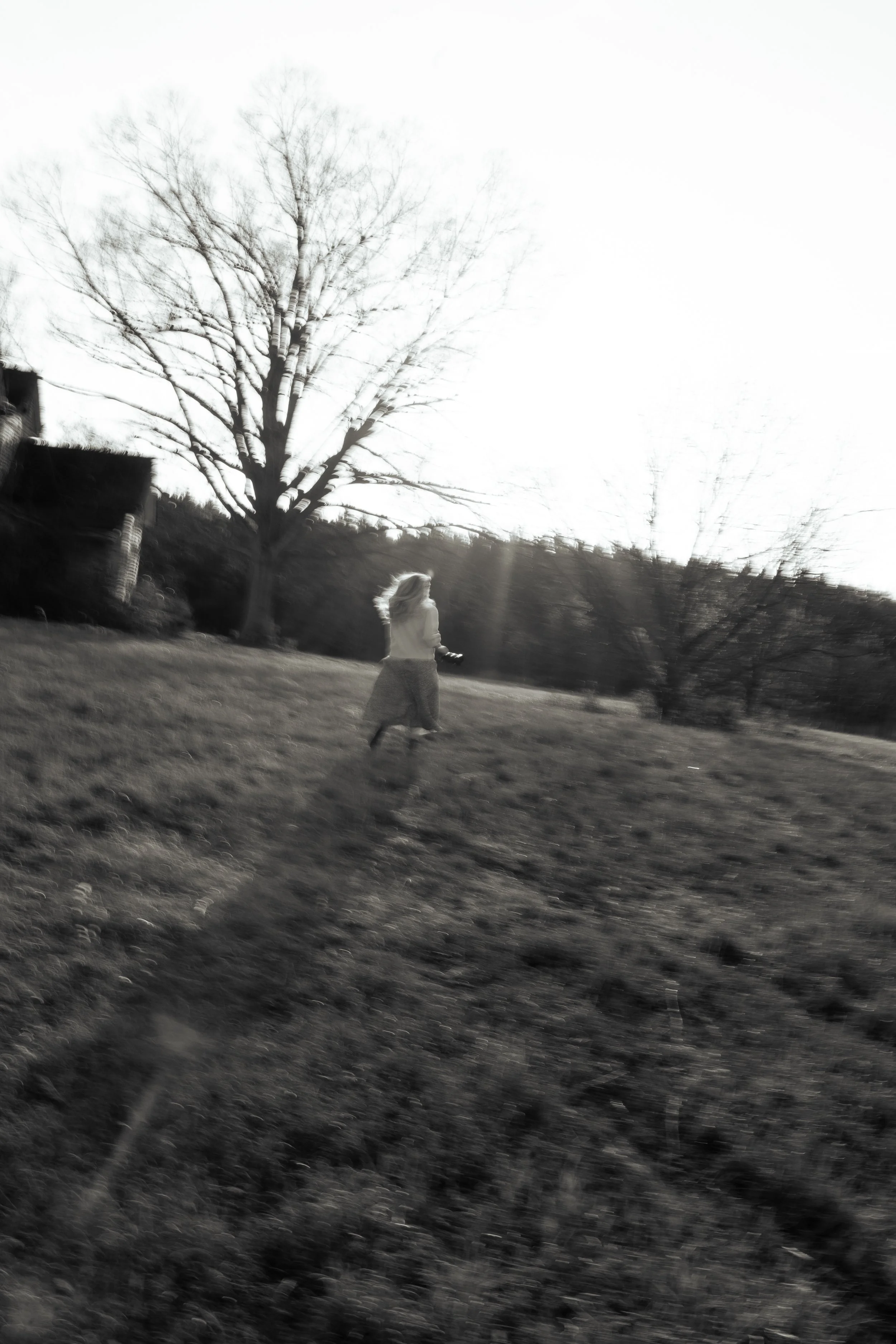 A person walking through a grassy field with leafless trees in the background and a bright, high-contrast sky.