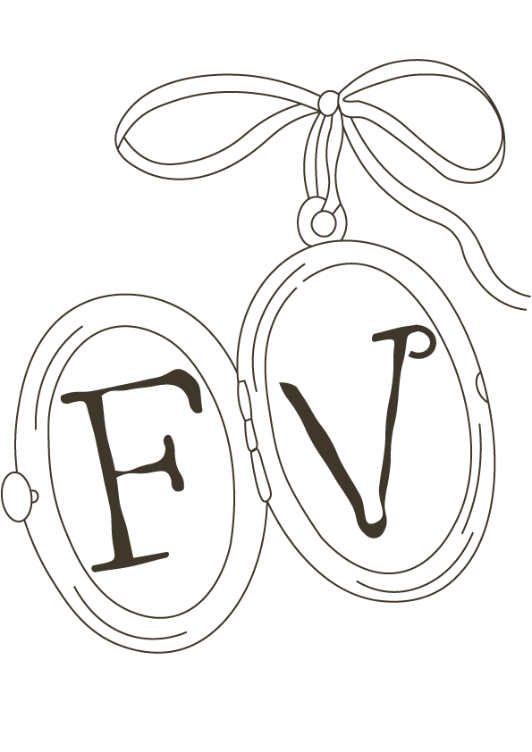 A line drawing of two pocket watches hanging from a ribbon. The left watch shows the letter 'F' and the right watch shows the letter 'V'.