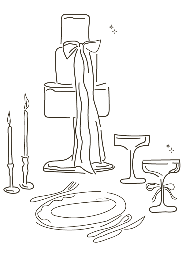 Line drawing of a dining table setting with candles, a chair with a bow, a table, a plate, a spoon, and two glasses.