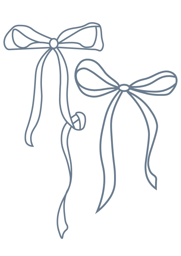 Line drawing of two bows with long ribbons.