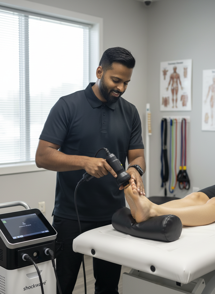 A man undergoing physical therapy using an ultrasound device on a patient's foot, in a medical office with anatomical charts and therapy straps on the wall.