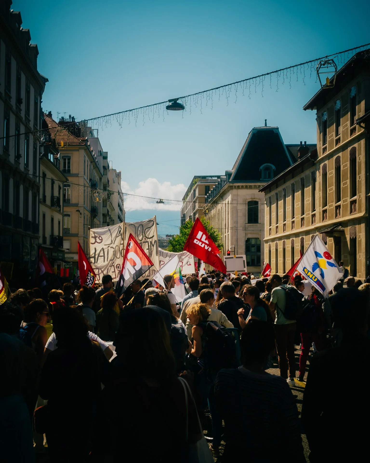 Foule de manifestants dans les rues de Grenoble, drapeaux syndicaux et banderoles visibles au loin – reportage photographique.