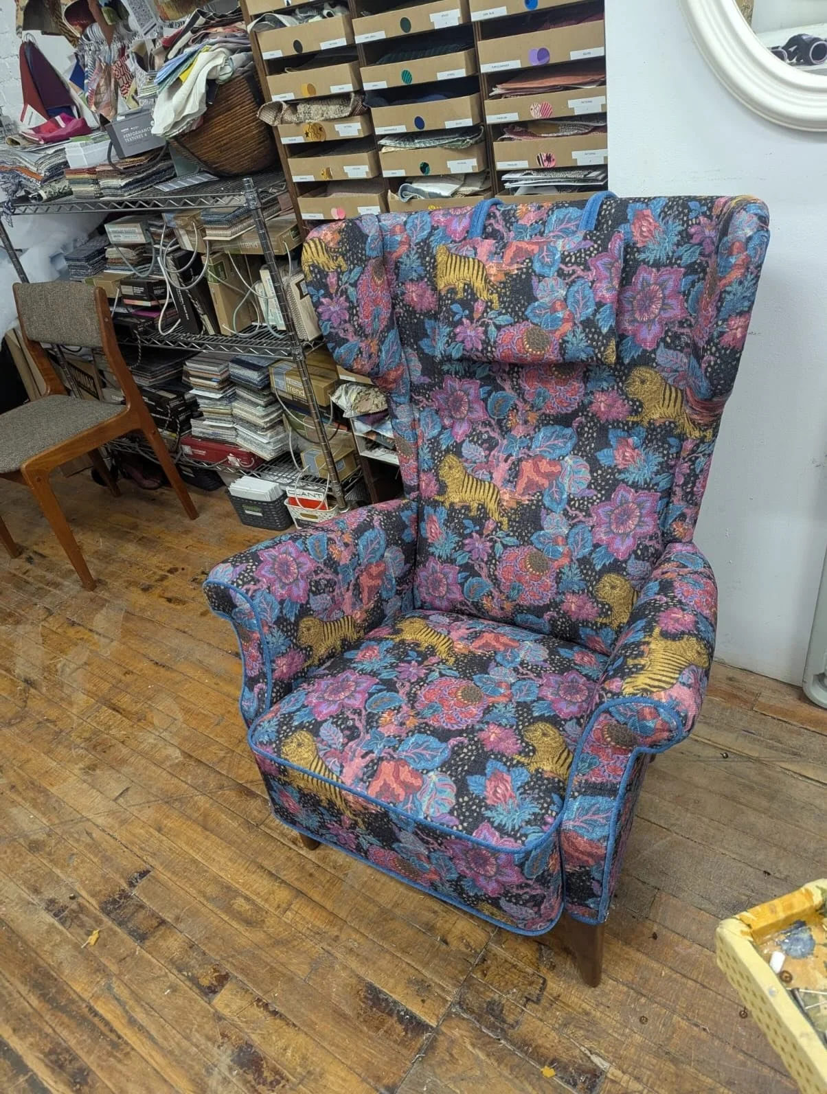 My client was obsessed with finding a whimsical fabric, something joyful, playful, and full of personality.

With three kids in the house, durability mattered just as much as delight.

This chair delivers both. Bold, happy, and built to be lived in.
