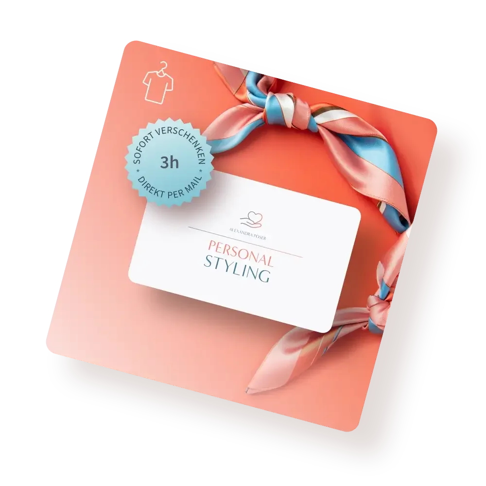 Digitaler Gutschein für ein 3-stündiges Personal Styling bei Alexandra Poser, dargestellt mit pastellfarbenem Seidentuch auf einem warmen Pfirsichton. Ideal zum sofortigen Verschenken per E-Mail.