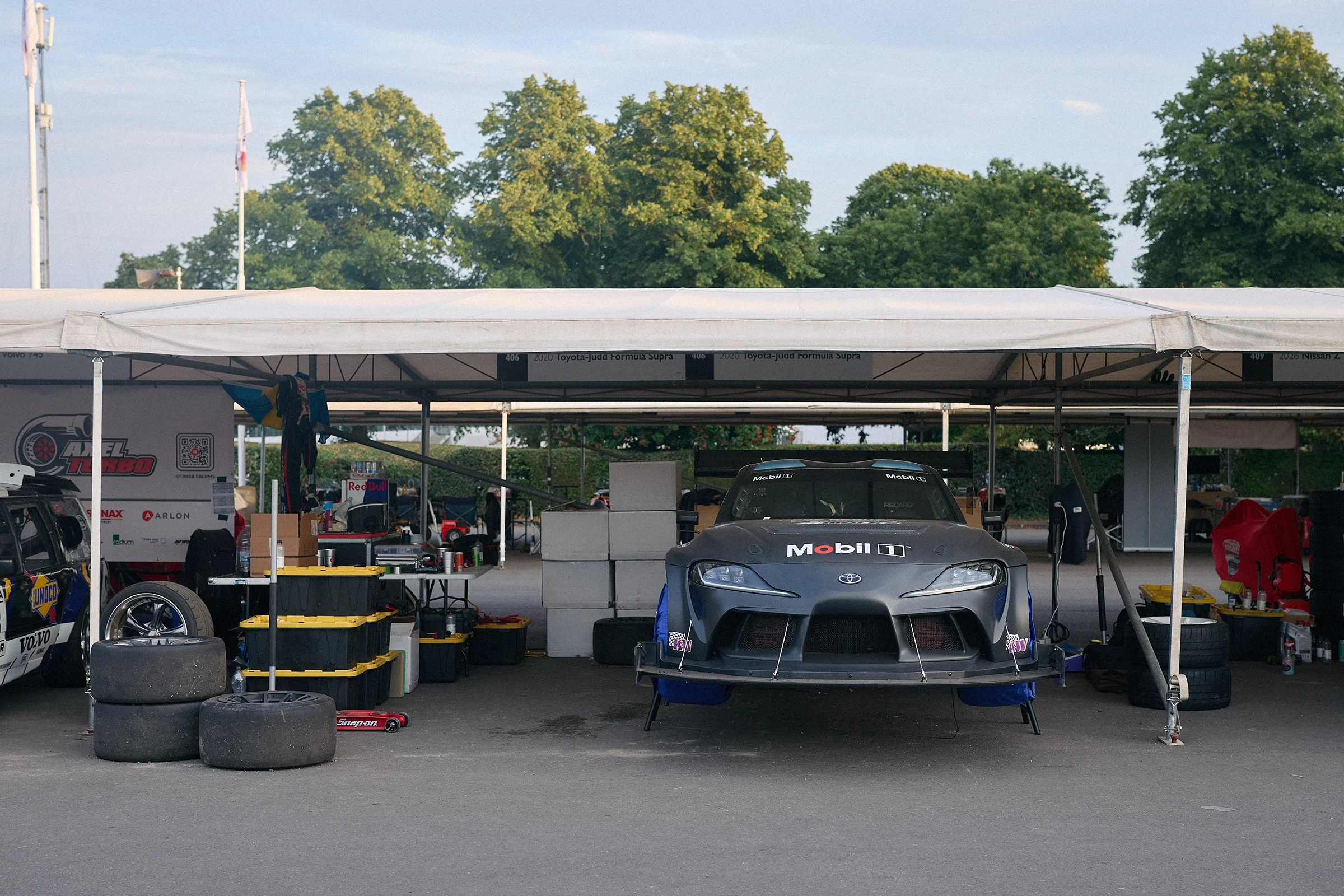 Toyota Judd Formula Supra with its wheels removed at the end of the 2026 Goodwood Festival of Speed event.