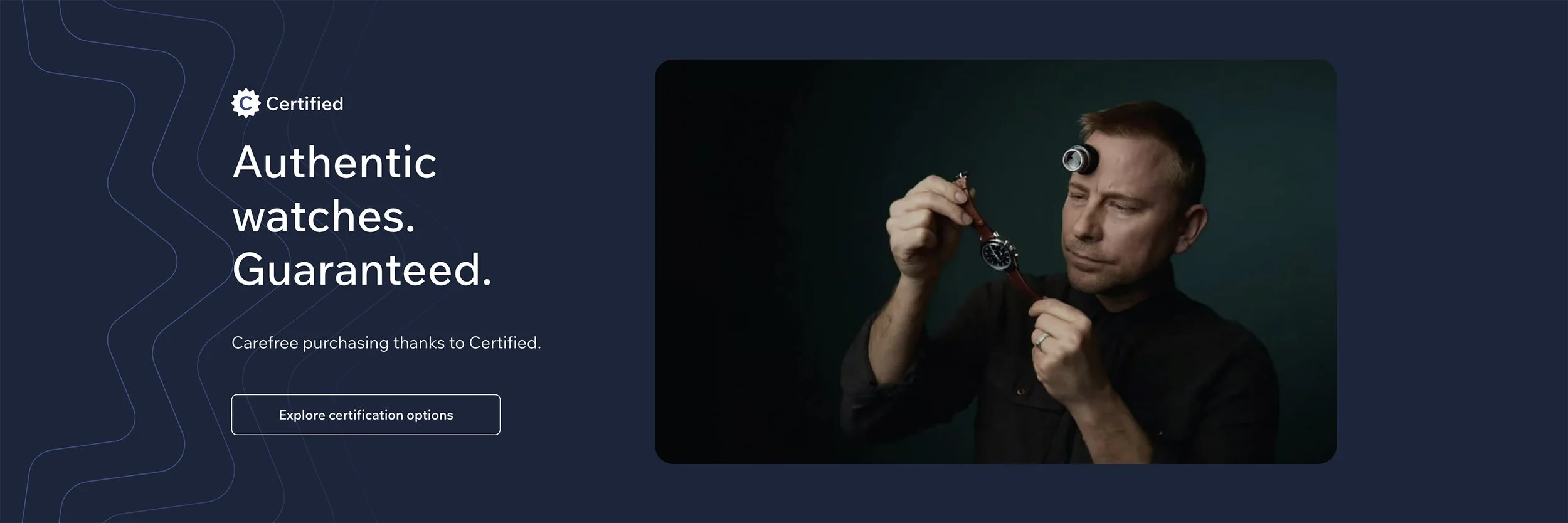 Professional brand campaign for Chrono24 authentication service, showing a portrait of a watchmaker in a studio setup used for global digital marketing and PR.