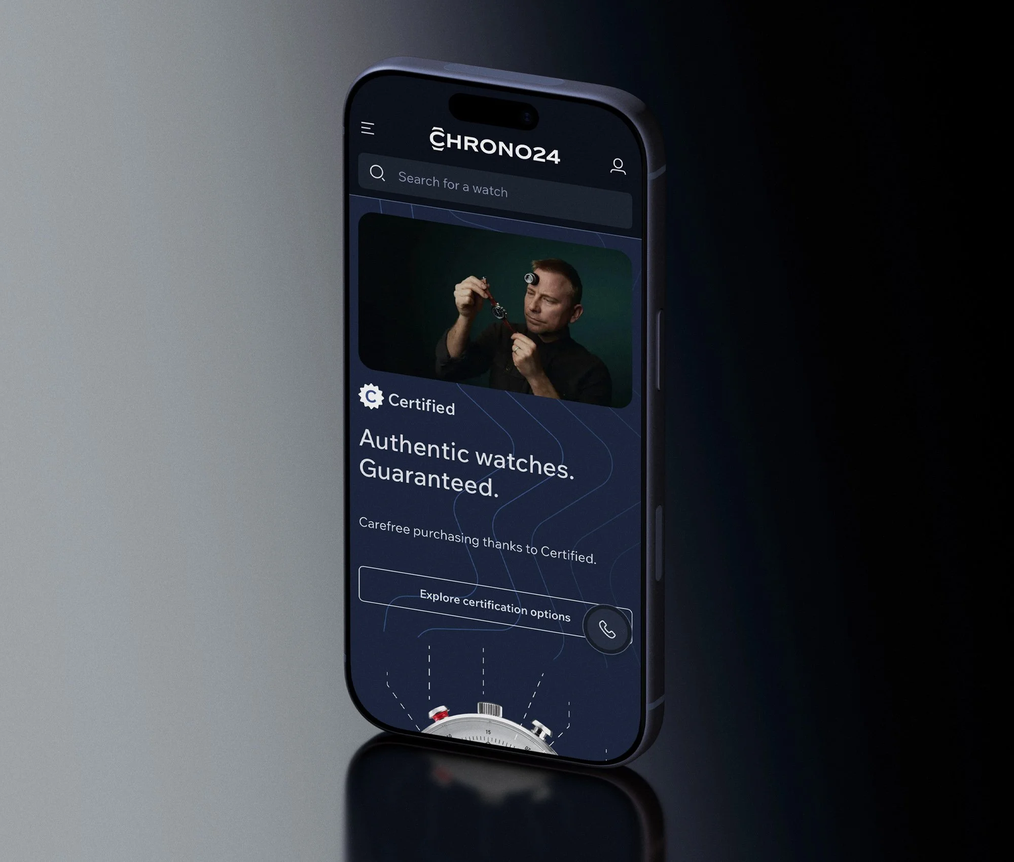 Matt Ankers photography for Chrono24, showcased in a mobile UI layout to demonstrate social-first asset creation and digital campaign application.