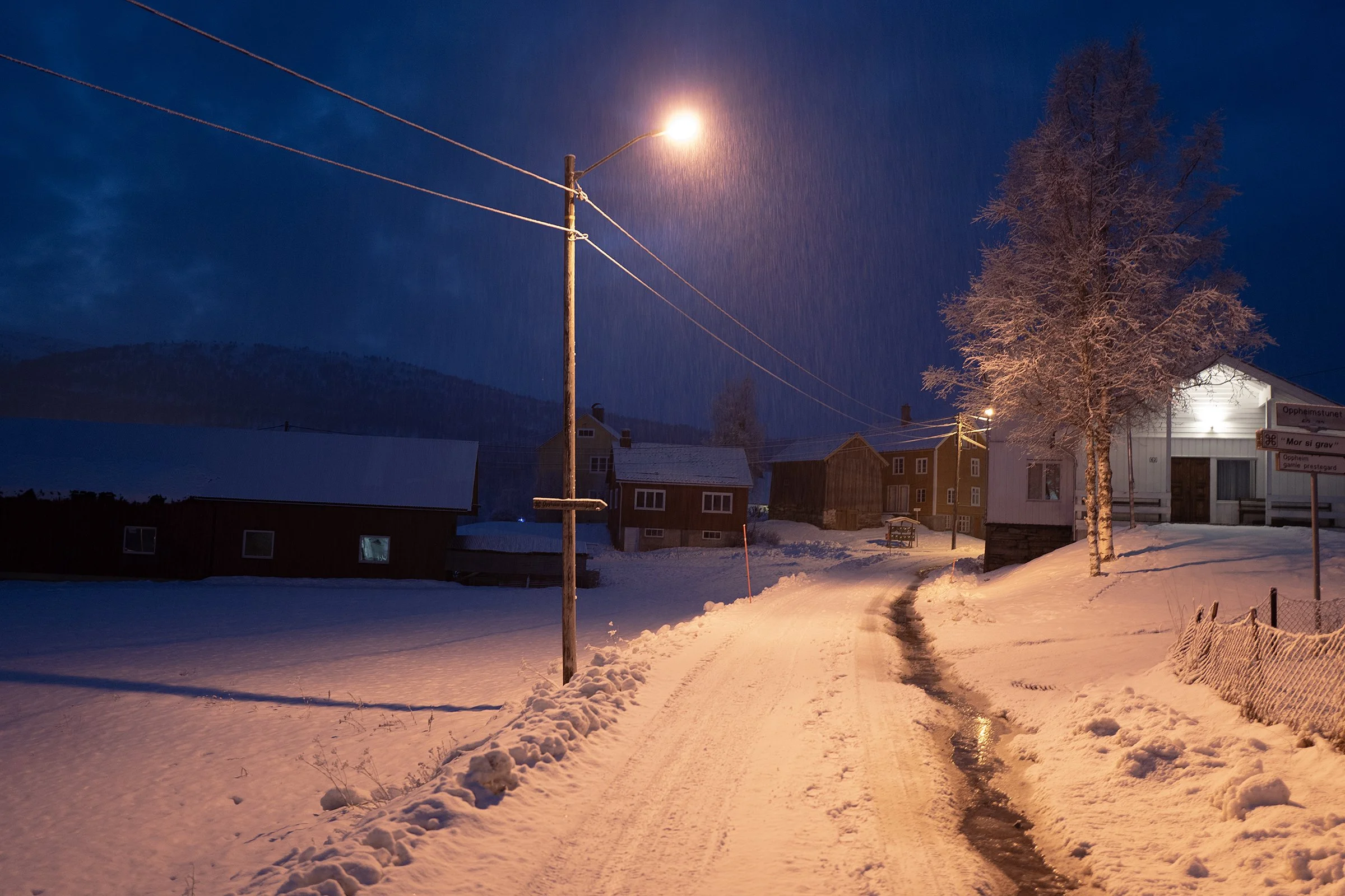 Snow-covered street at night with illuminated houses, leafless trees, a wooden utility pole with wires, and a street sign in a small rural town, illuminated by a nearby streetlight.